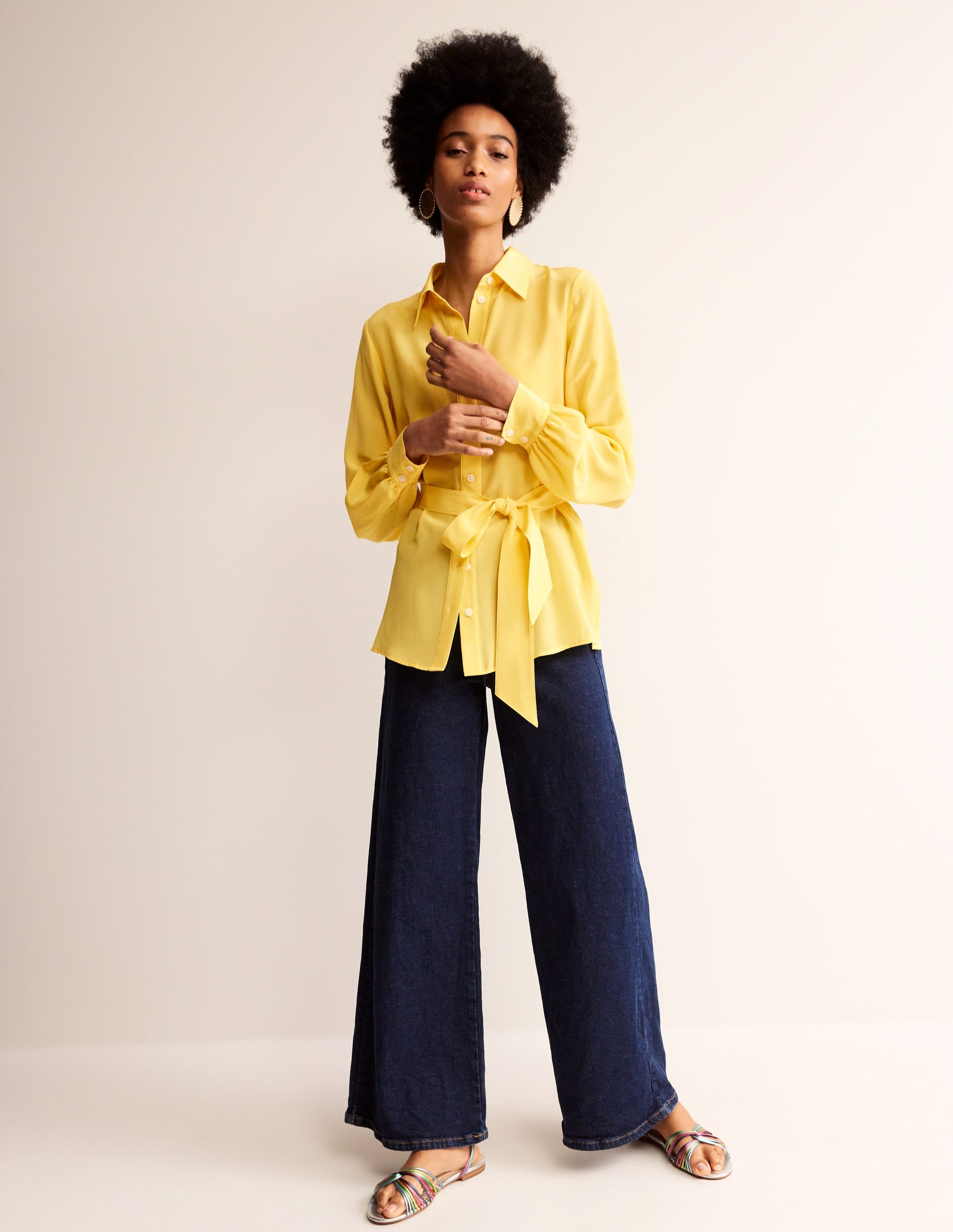 Elegant Belted Silk Blouse in Vibrant Yellow - Perfect for Office Wear & Evening Events