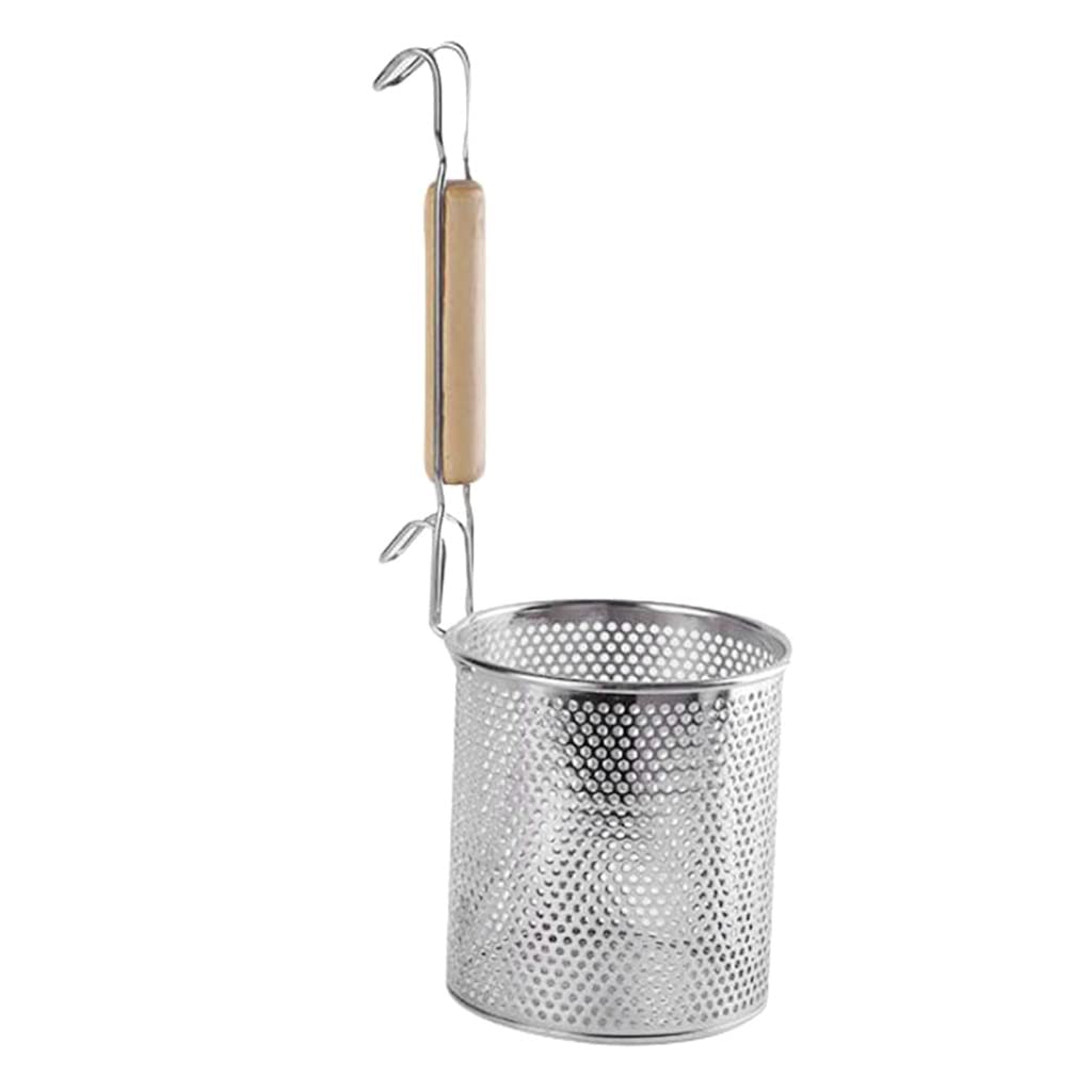Stainless Steel Noodle Strainer with Wooden Handle & Hook - 14cm Pasta Colander for Dumplings, Udon, Vegetables - Perfect for Kitchen, Cooking, and Food Preparation