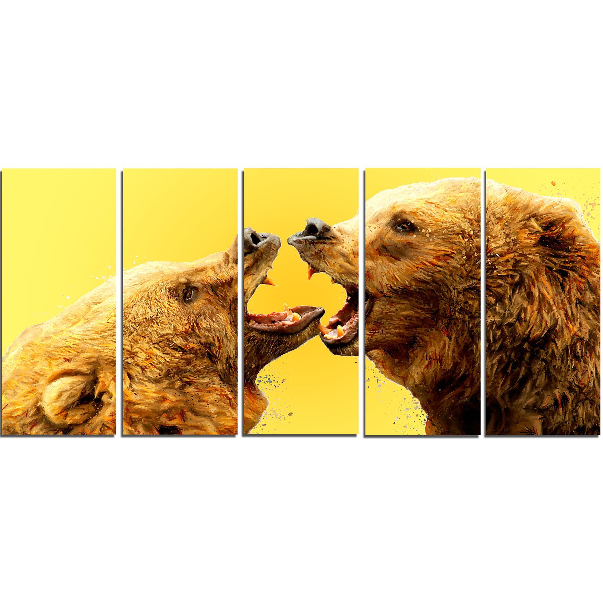 Designart Bear Fight Animal Metal Wall Art - 5 Panels, 28'' H x 60'' W x 1'' D - Modern Wildlife Home Decor for Living Room, Bedroom & Office (MT2315)
