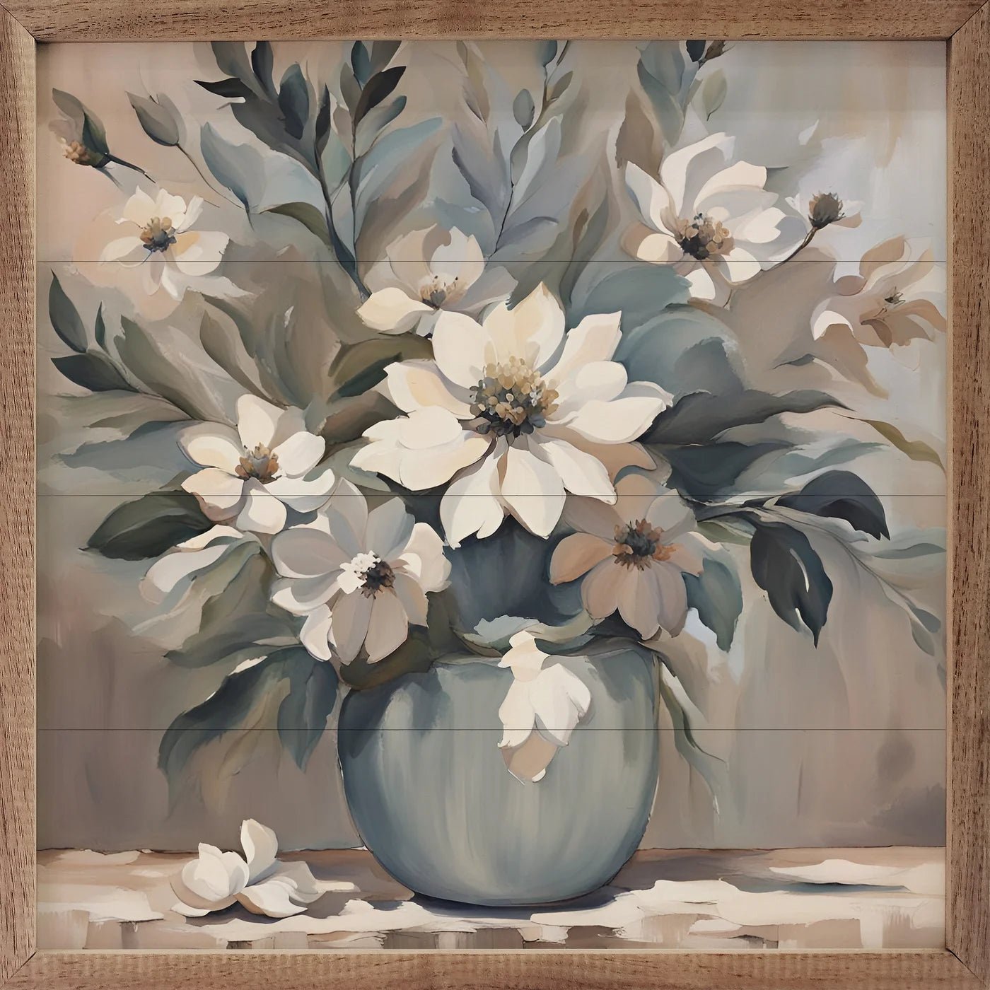 Blue and Tan Floral Wood Framed Print Wall Art - Vintage Style Home Decor for Living Room, Bedroom & Office