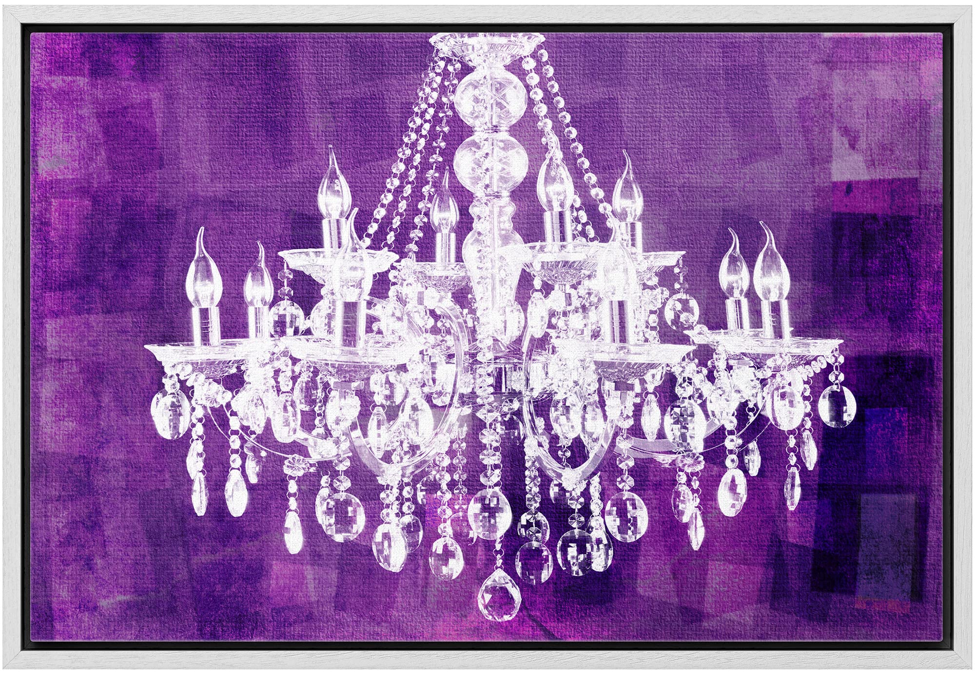 Wall26 Framed Canvas Print - White Chandelier Silhouette on Purple Background Modern Wall Art | Digital Art Print for Living Room, Bedroom, Office Decor | 24x36 Inches White Frame | Perfect for Relaxing Spaces & Chic Home Interiors