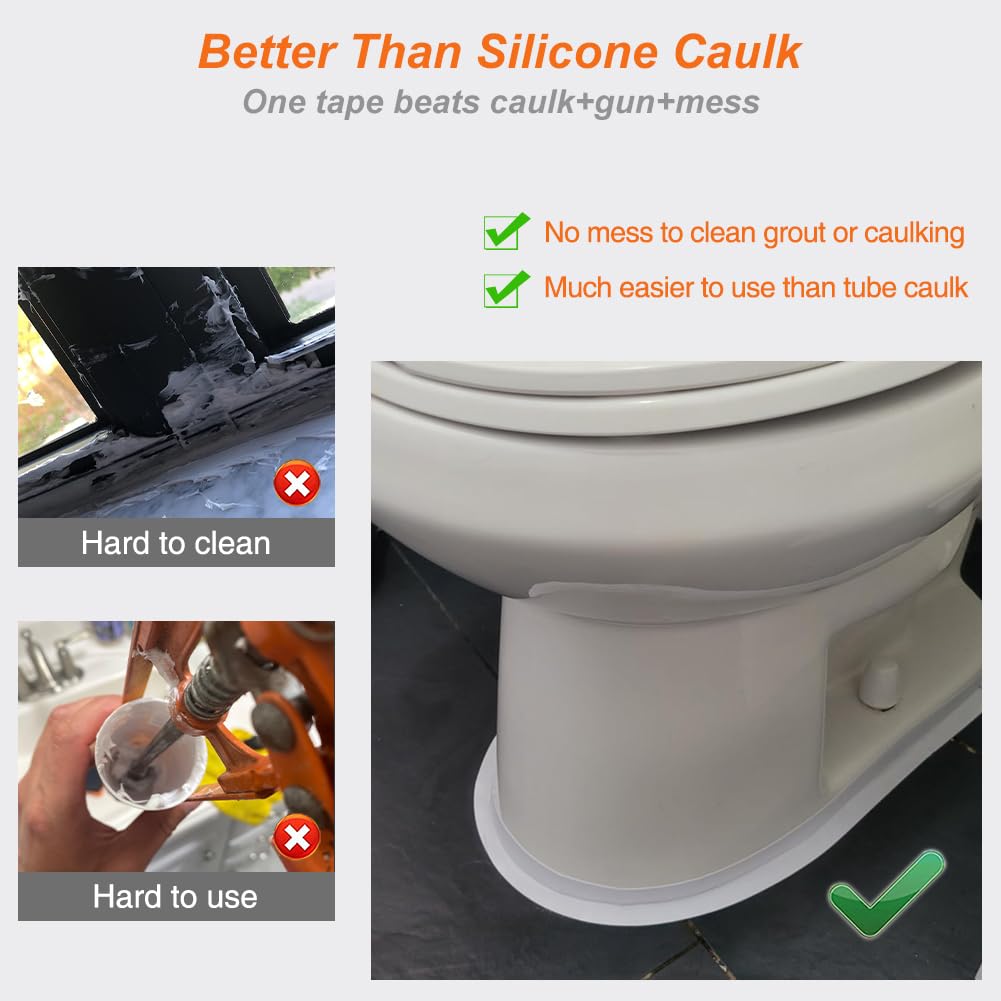 White Waterproof Self-Adhesive Caulk Tape - Peel & Stick Bathroom Sealant Strip for Toilet, Bathtub, Shower & Floor Tile Corners | Better Than Silicone Caulk | Ideal for Bathroom Repairs, Leak Prevention & DIY Home Improvement Projects