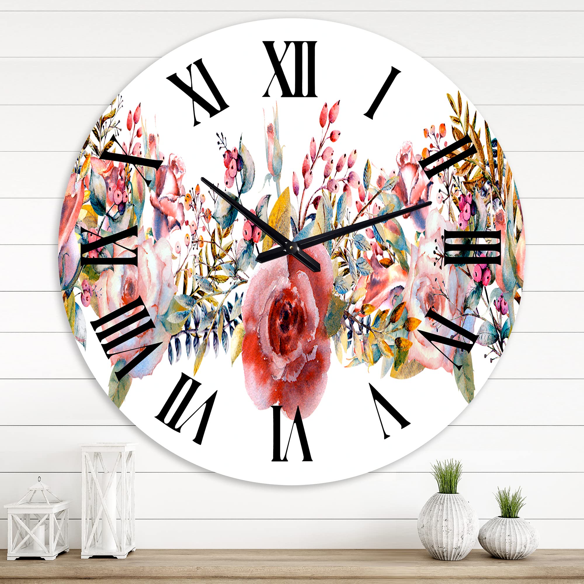 Farmhouse Wall Clock with Pink Roses and Wildflowers - Large Floral Botanical Wall Clock for Home Decor | Perfect for Living Room, Bedroom, Kitchen & Office