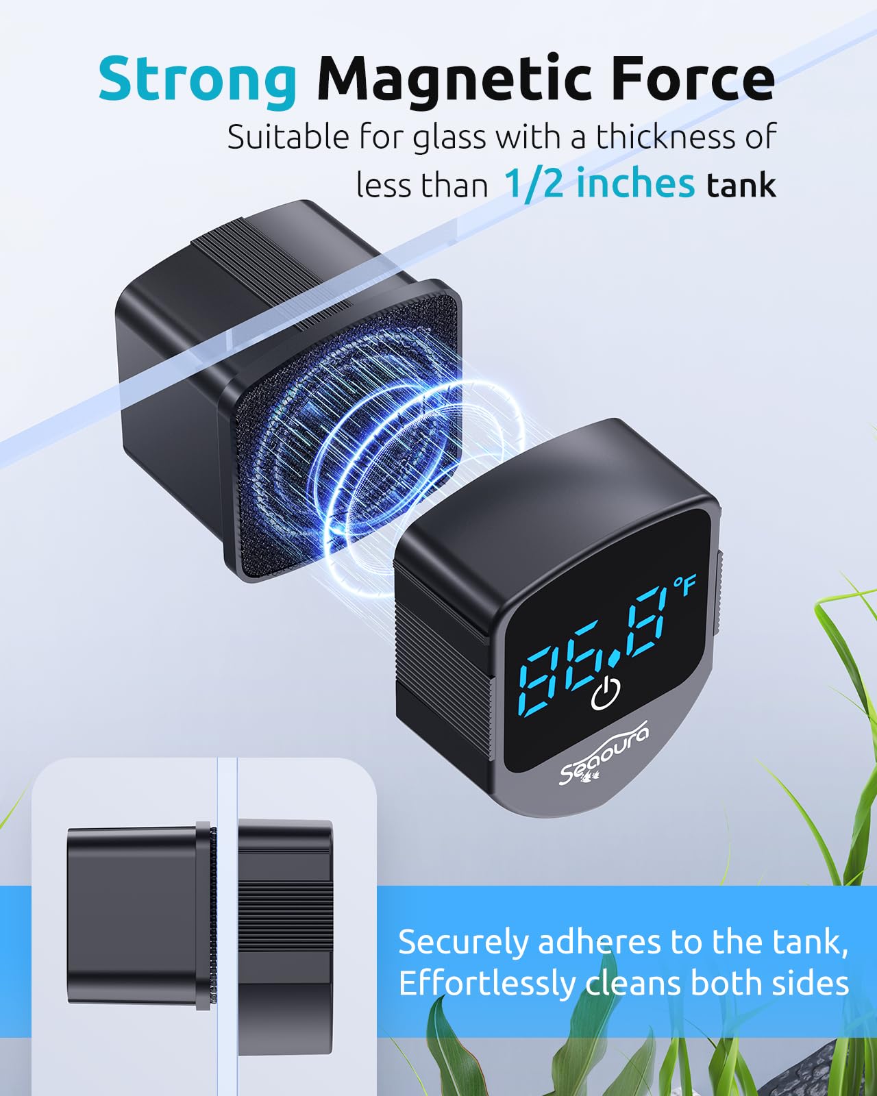 2-in-1 Magnetic Aquarium Cleaner with Thermometer for Glass Tanks (1-30 Gal) - Fish Tank Cleaning Tool