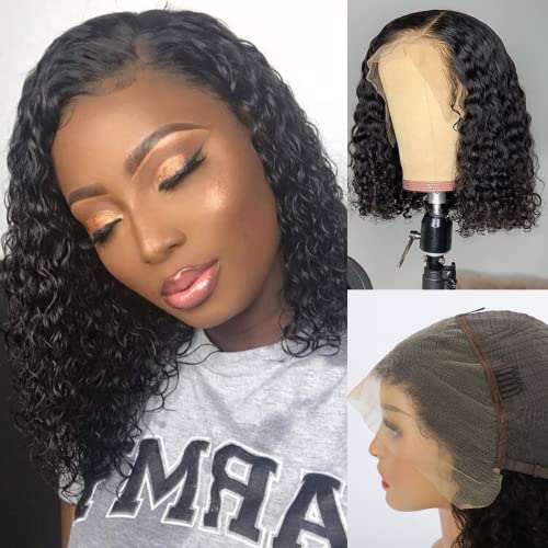13x4 HD Transparent Lace Front Wig - Brazilian Human Hair Curly Bob Wig with Water Wave & Baby Hair | Pre-Plucked, 150% Density, Ear to Ear Lace for Black Women (14 Inches, Natural Black) | Perfect for Daily Wear, Parties & Special Occasions