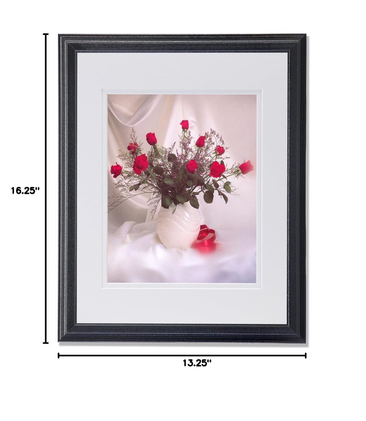Red Stem Rose Flower Bouquet in White Vase - Framed Wall Art Print with Mat - Elegant Home Decor for Living Room, Bedroom & Office