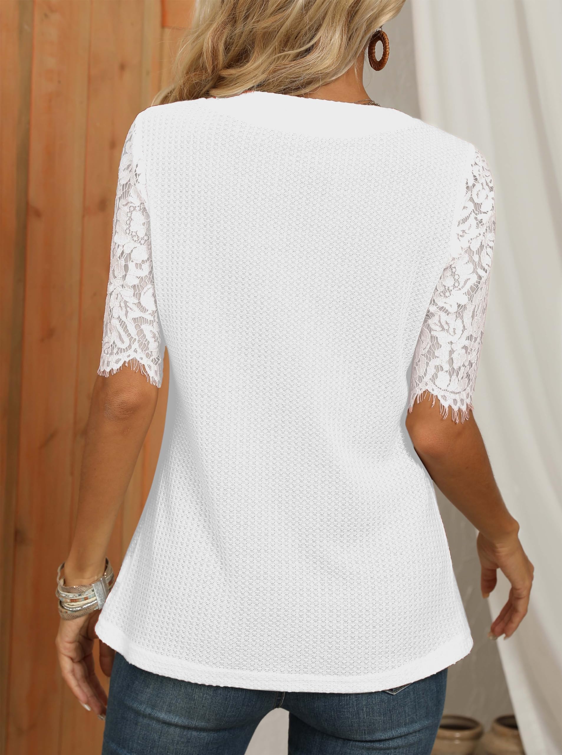 Women's Summer V Neck Waffle Knit Shirt - Casual Short Sleeve Tunic Blouse with Button Up & Lace Detail - Perfect for Beach Outings, Office Wear and Weekend Brunch