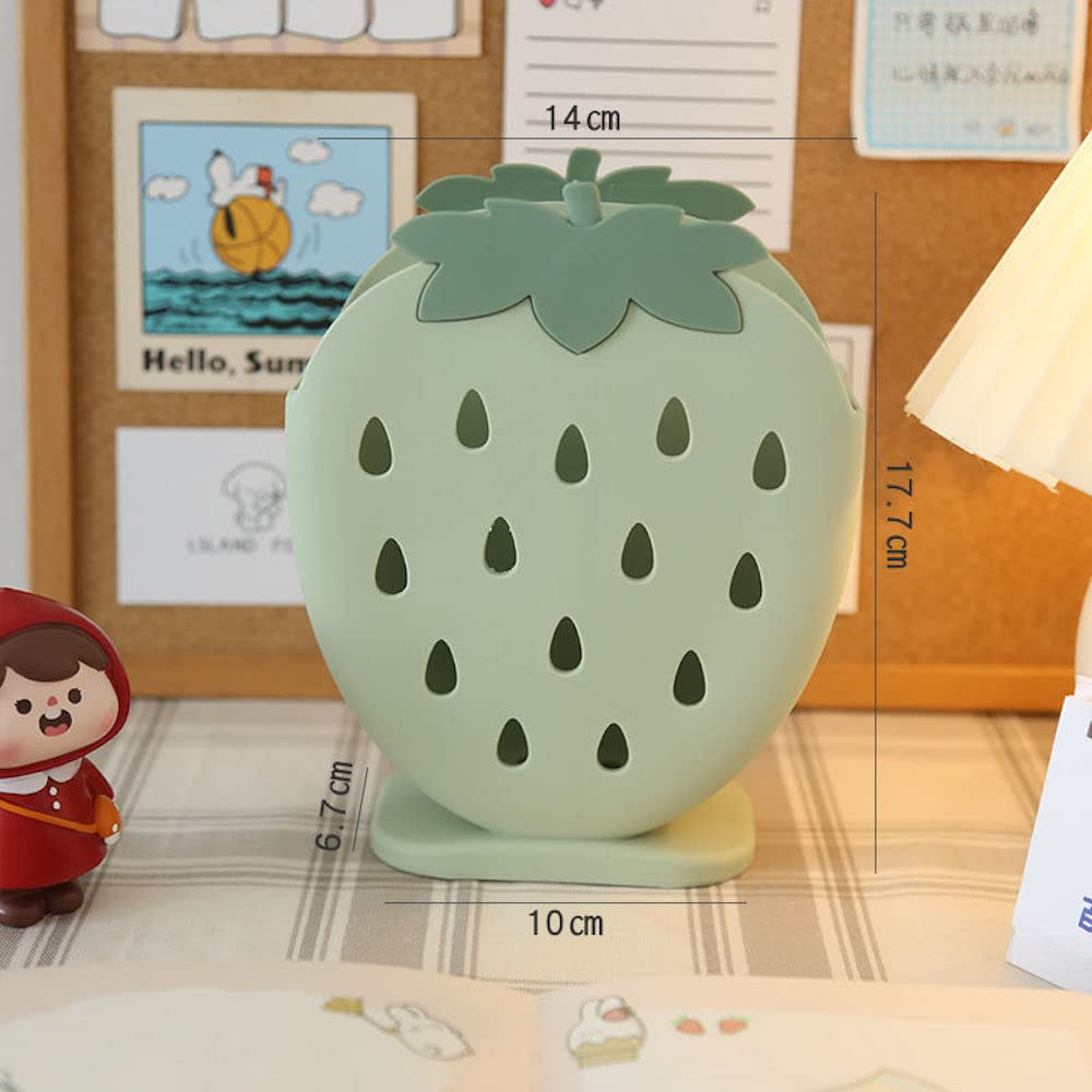 Cute Kawaii Strawberry Desk Organizer with 2 Compartments - Pencil Holder, Makeup Brush Organizer & Pen Storage for School, Office & Home Decor (Sage Green) | Perfect for Teens Room, Study Desk & Vanity Organization
