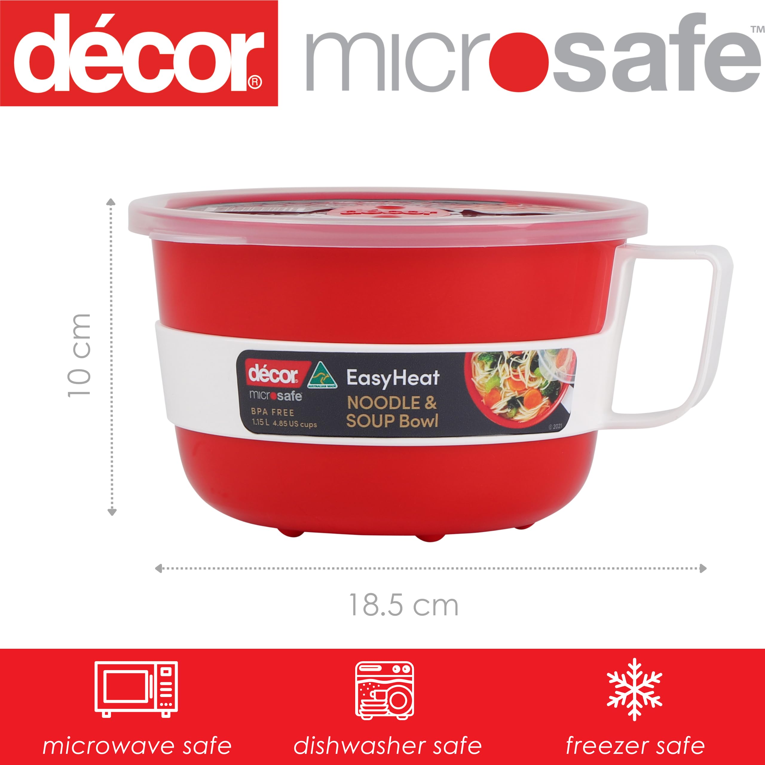 Microwave Safe Soup Bowl - 1.15L Red EasyHeat Bowl for Noodles, Porridge & Hot Meals | BPA-Free, Splash-Proof Design | Perfect for Office Lunch, Dorm Meals & Quick Home Cooking