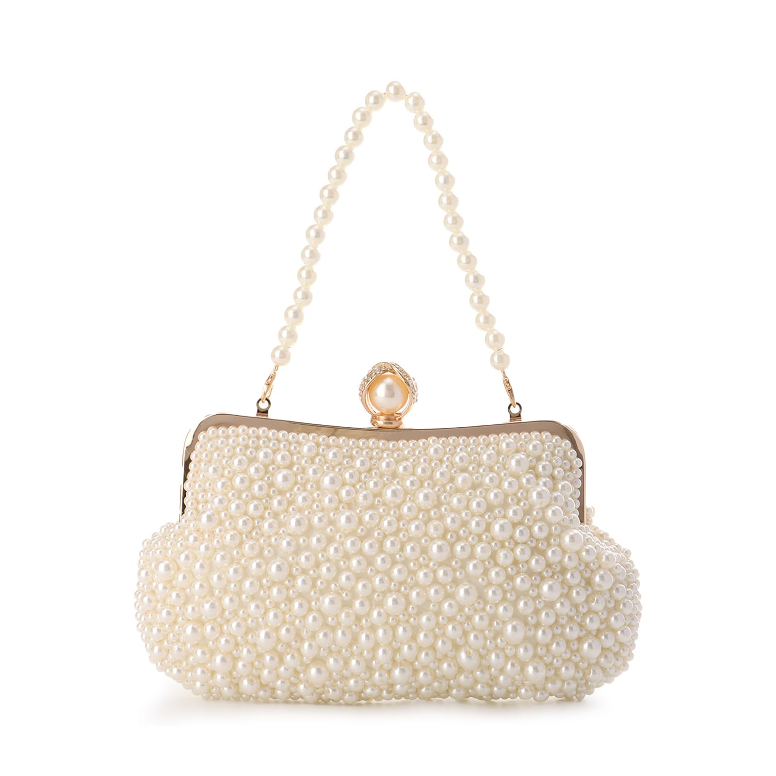 Pearl Clutch Purse for Women - Crystal Beaded Evening Bag with Chain for Wedding & Party