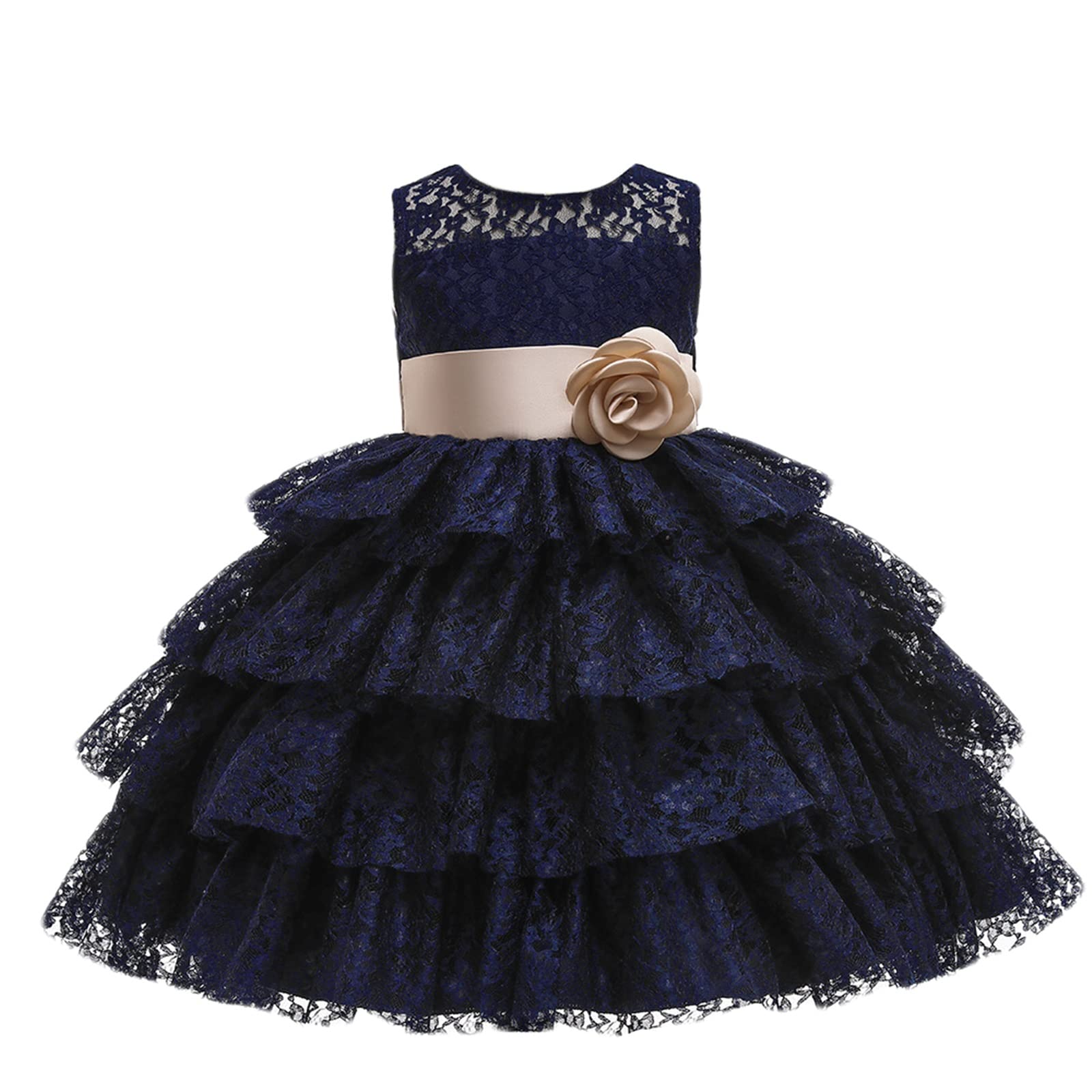 Gualiy Girls Navy Blue Lace Puffy Dress with Flower and Tie Waist - Elegant Birthday Party Gown for Ages 4-10 Years | Perfect for Birthday Parties, Weddings, and Special Occasions