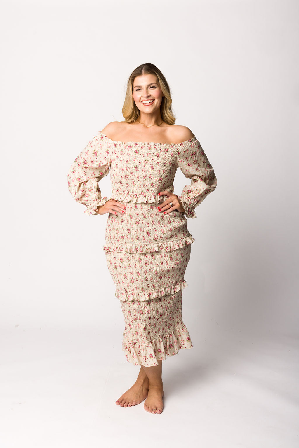 Lila Floral Printed Smocked Midi Dress - Pink Maternity Dress for Pregnancy, Bump Friendly, Summer Casual Wear, Baby Shower & Photoshoot Outfit