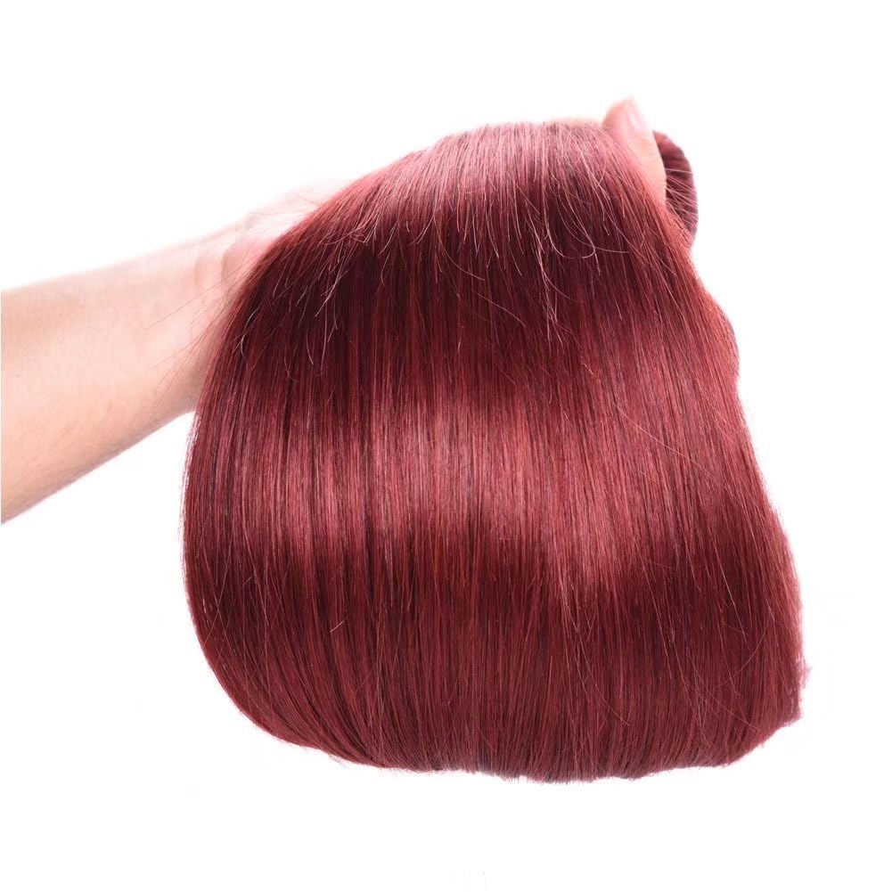 FEEL ME Brazilian Virgin Hair 3 Bundles - Unprocessed Straight Human Hair Extensions (Color 33 Red, 300g Total, 14 16 18 Inches) for Stunning Length & Volume - Perfect for Daily Wear, Parties & Special Occasions