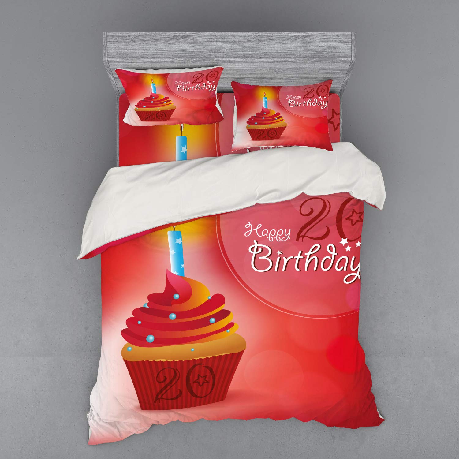 Ambesonne 20th Birthday Duvet Cover Set - 4 Piece Queen Size Bedding with Cupcake & Beams Print in Vermilion Pink & Red - Includes Shams & Fitted Sheet - Perfect for Birthday Party Decorations & Teen Bedroom Makeover