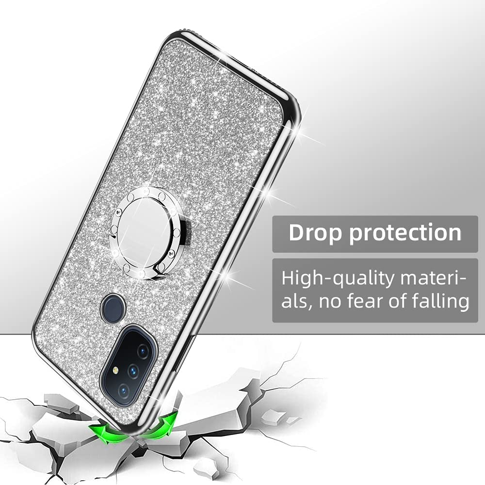 OnePlus Nord N100 Phone Case with Ring Kickstand & Lanyard - Cute Glitter TPU Bumper Cover for Shockproof Protection (Silver) - Perfect for Women, Men & Teens - Daily Use, Work, Travel & Outdoor Activities