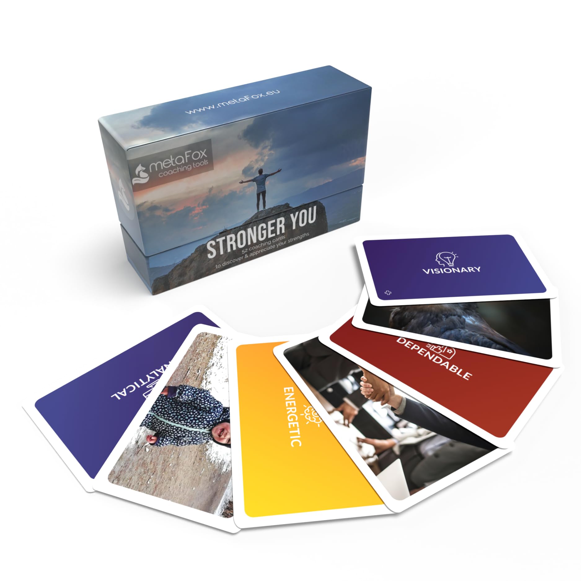 metaFox Stronger You | 52 Premium Strength Cards for Coaching, Therapy, Workshops & Team Building | Durable Coaching Cards with Strengths, Icons & Images | Compact Format for Multiple Uses | Perfect for Counselors, Therapists & HR Professionals