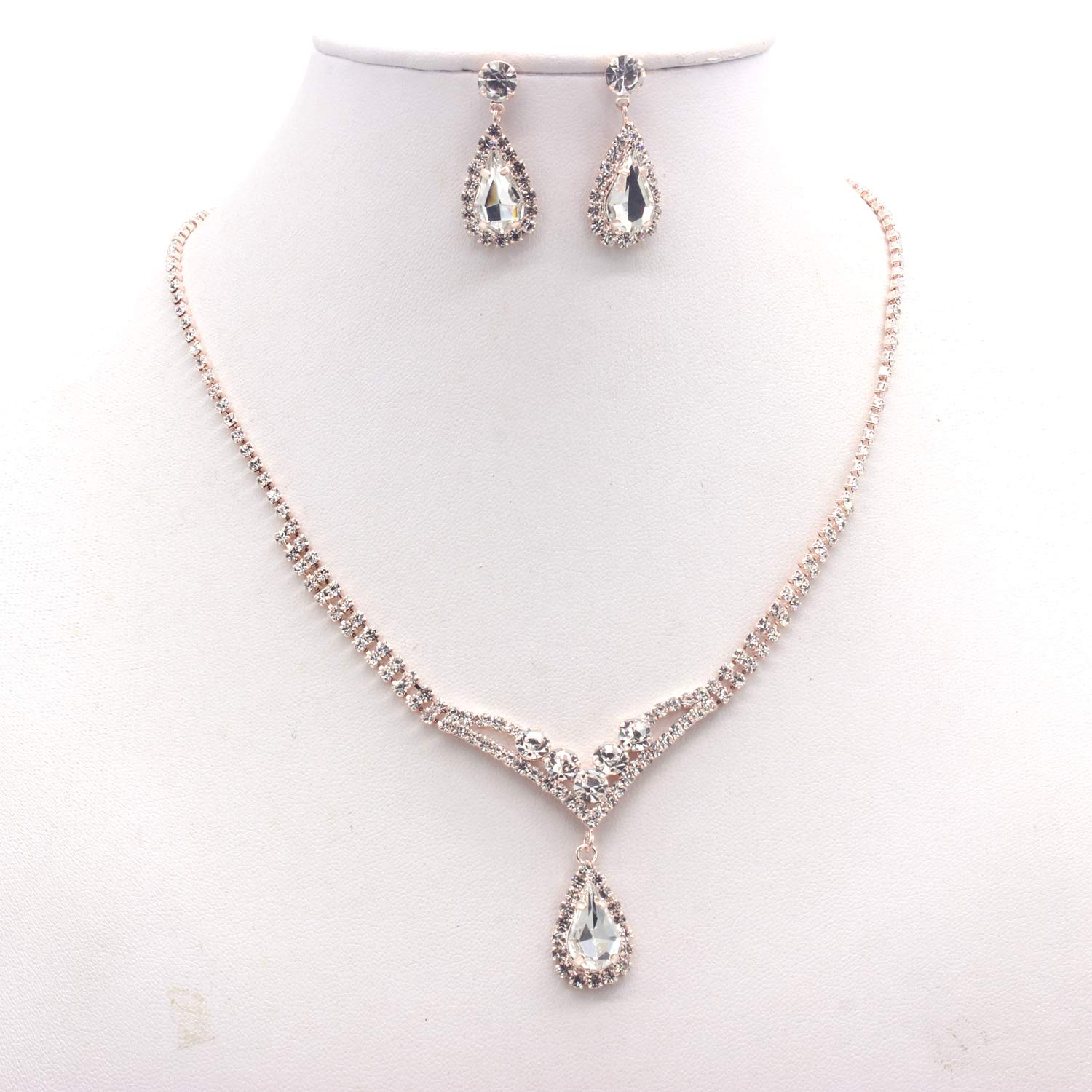 Elegant Rose Gold Crystal Wedding Tiara & Rhinestone Necklace Set - Bridal Crown with Side Combs & Hairband for Bride, Bridesmaid, Prom - Perfect for Weddings, Parties, Special Occasions (Rose Gold Clear)