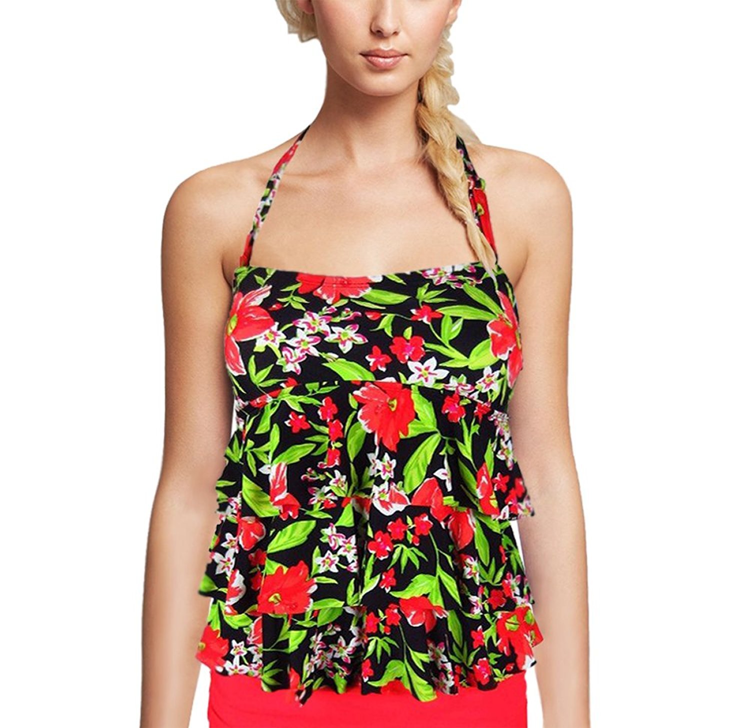 Island Escape Women's Red Floral Bandini Swim Top - Adjustable Tie Front Bikini Top for Women, Size 6 | Perfect for Beach Vacations, Pool Parties & Summer Getaways