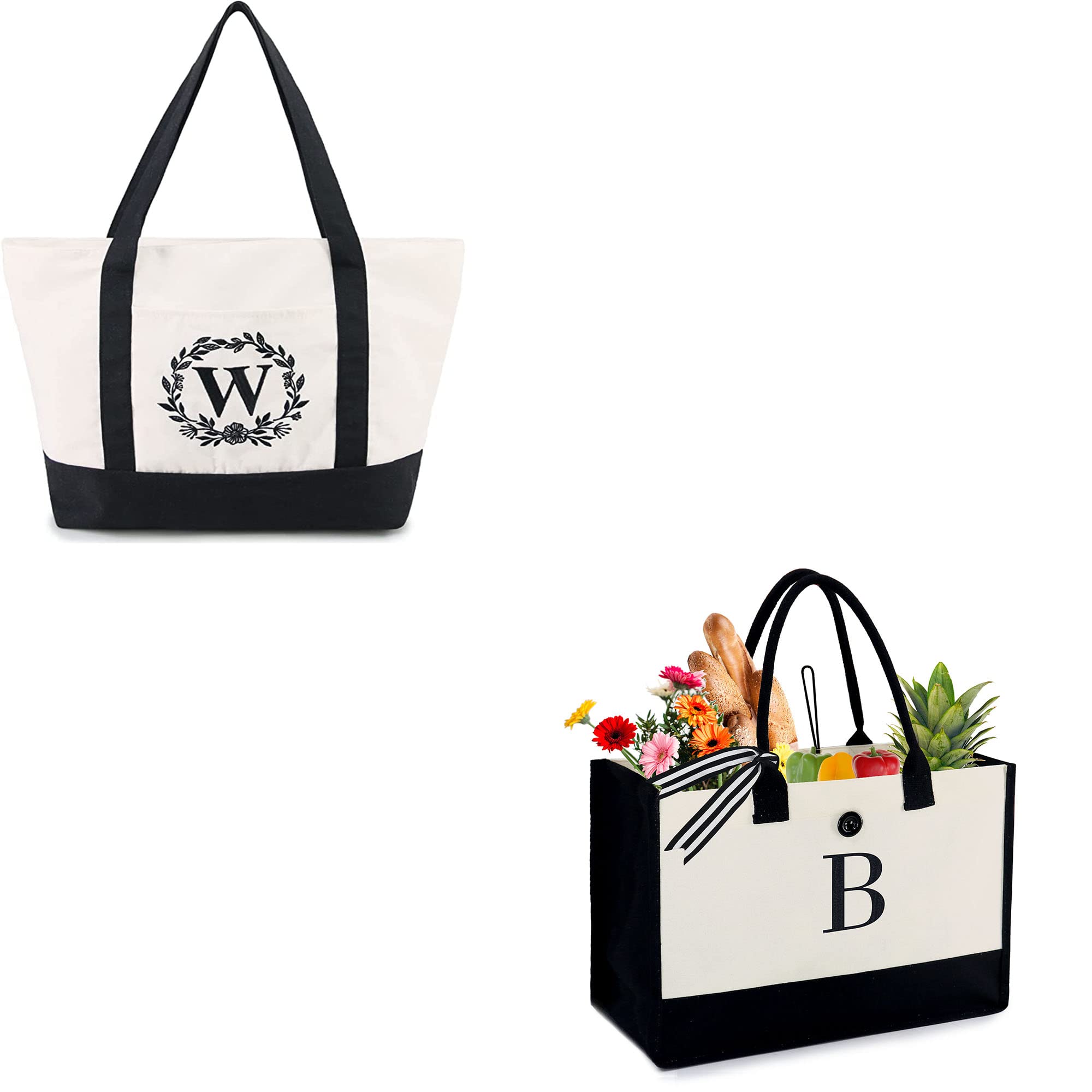 BeeGreen 12oz Cotton Embroidery Initial Canvas Tote Bag - Personalized Monogram Gift for Women, 13oz Zippered Tote with Pocket for School, Work, Travel, Thanksgiving & Christmas Gifts