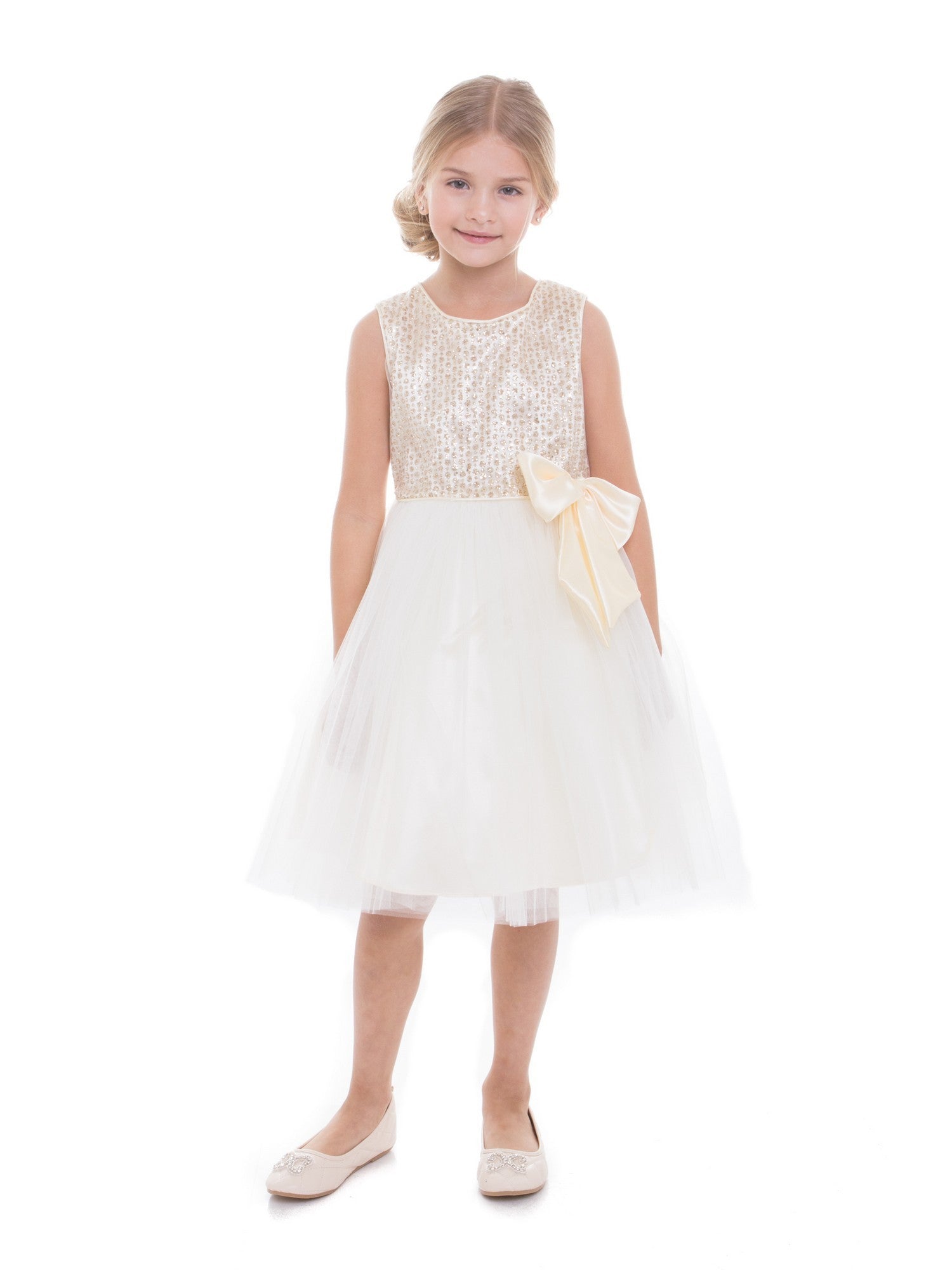 Ivory Sequin Charmeuse Bow Bridesmaid Dress for Big Girls - Size 8-12 - Perfect for Weddings, Prom & Formal Events