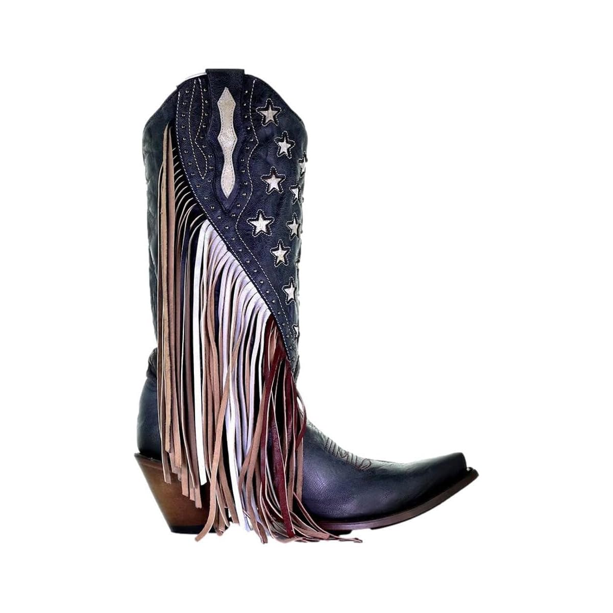 Women's Western Cowgirl Boots - Navy Blue Lamb Leather with Stars Inlay, Studs & Fringes | 13