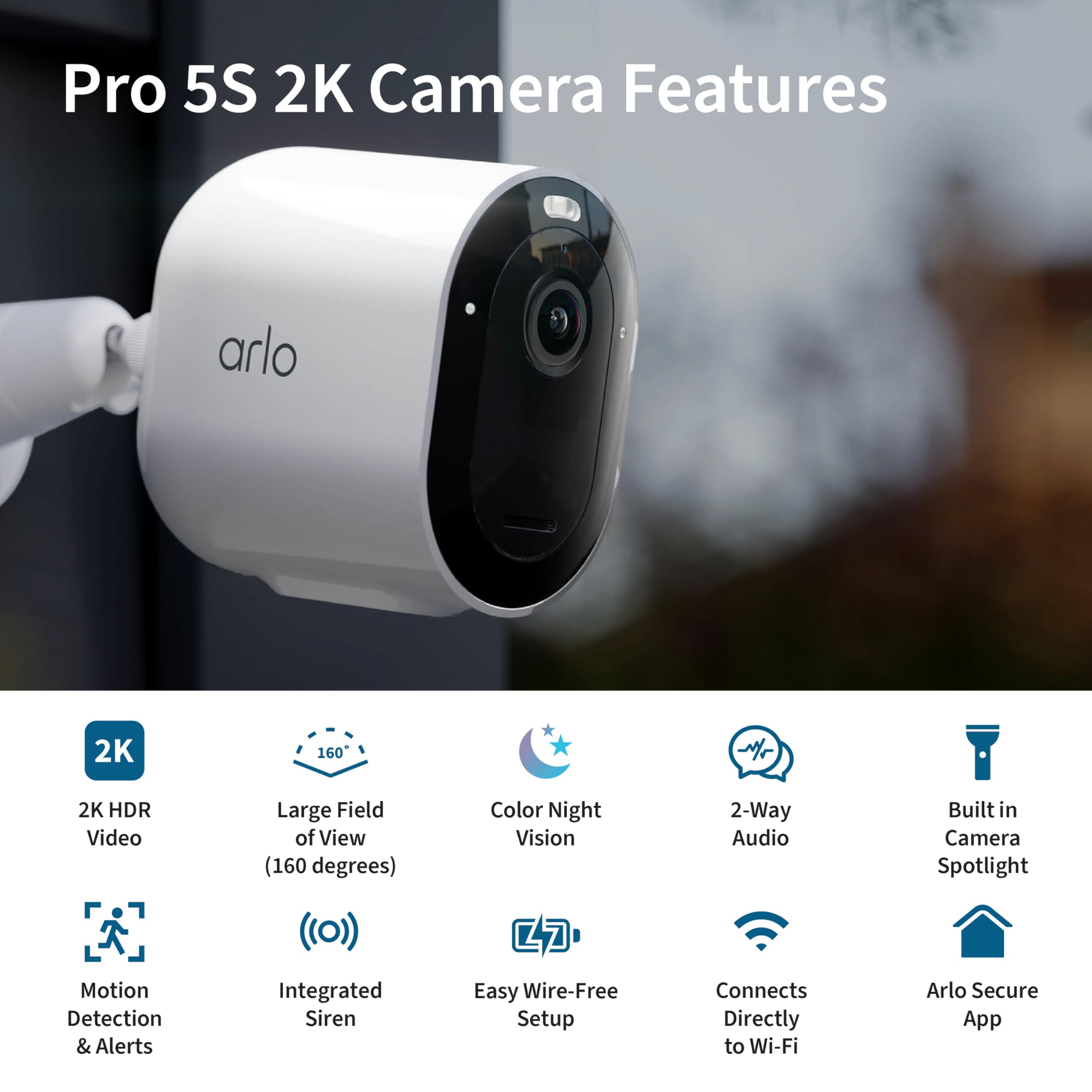Arlo Pro 5S 2K HDR Wireless Outdoor Security Camera with Spotlight - Dual-Band Wi-Fi, 12X Zoom, 2-Way Audio, Color Night Vision, Live Streaming (White, 4-Pack) - Perfect for Home Security, Baby Monitoring, and Pet Watching