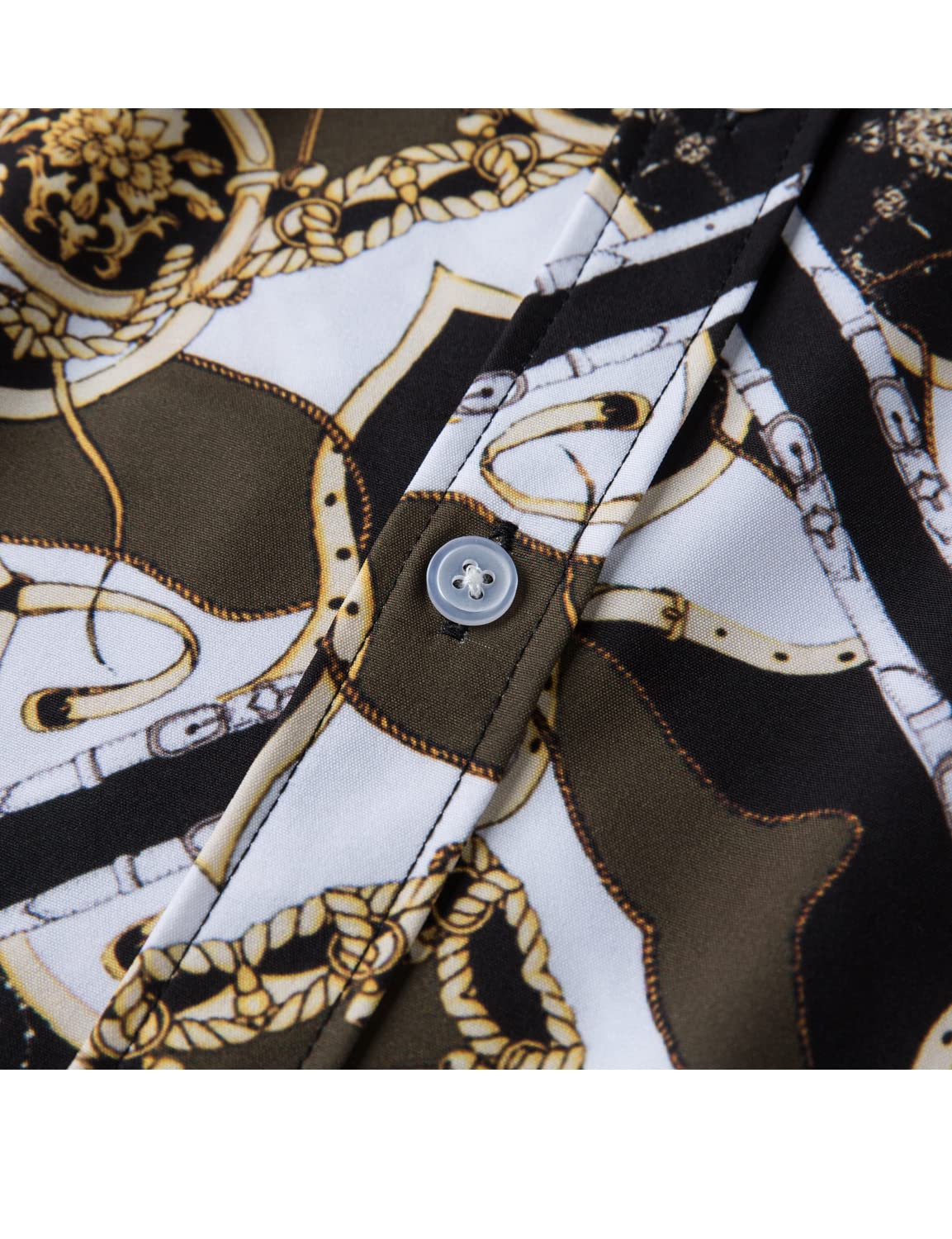 Luxury Men's Black & Gold Baroque Chain Print Dress Shirt - Short Sleeve Casual Button Down Shirt for Business, Party & Date Night Outfits