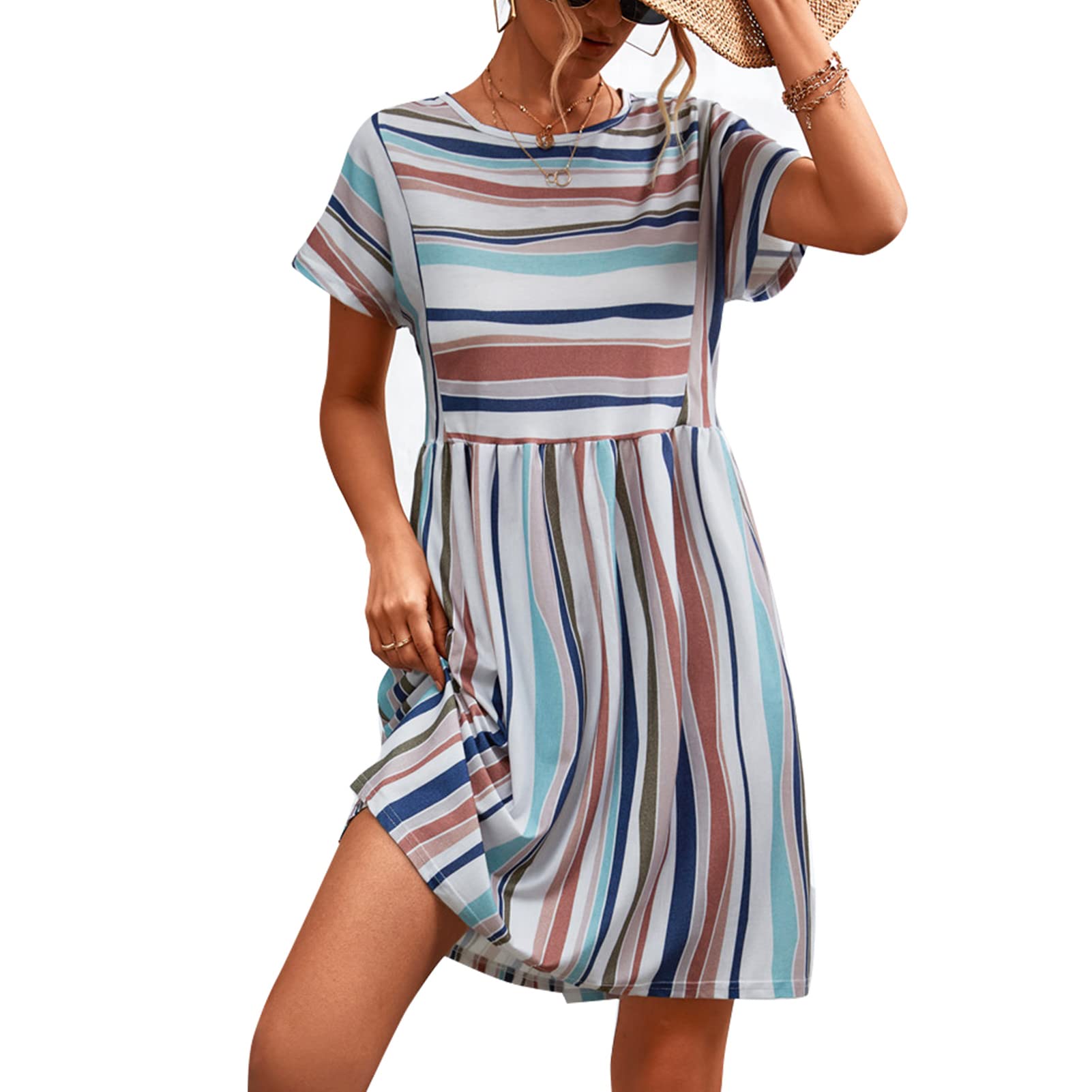 GOTOTOP Women's Striped Short Sleeve Casual Dress - Round Neck Loose Midi Summer Dress for Beach, Vacation & Everyday Wear