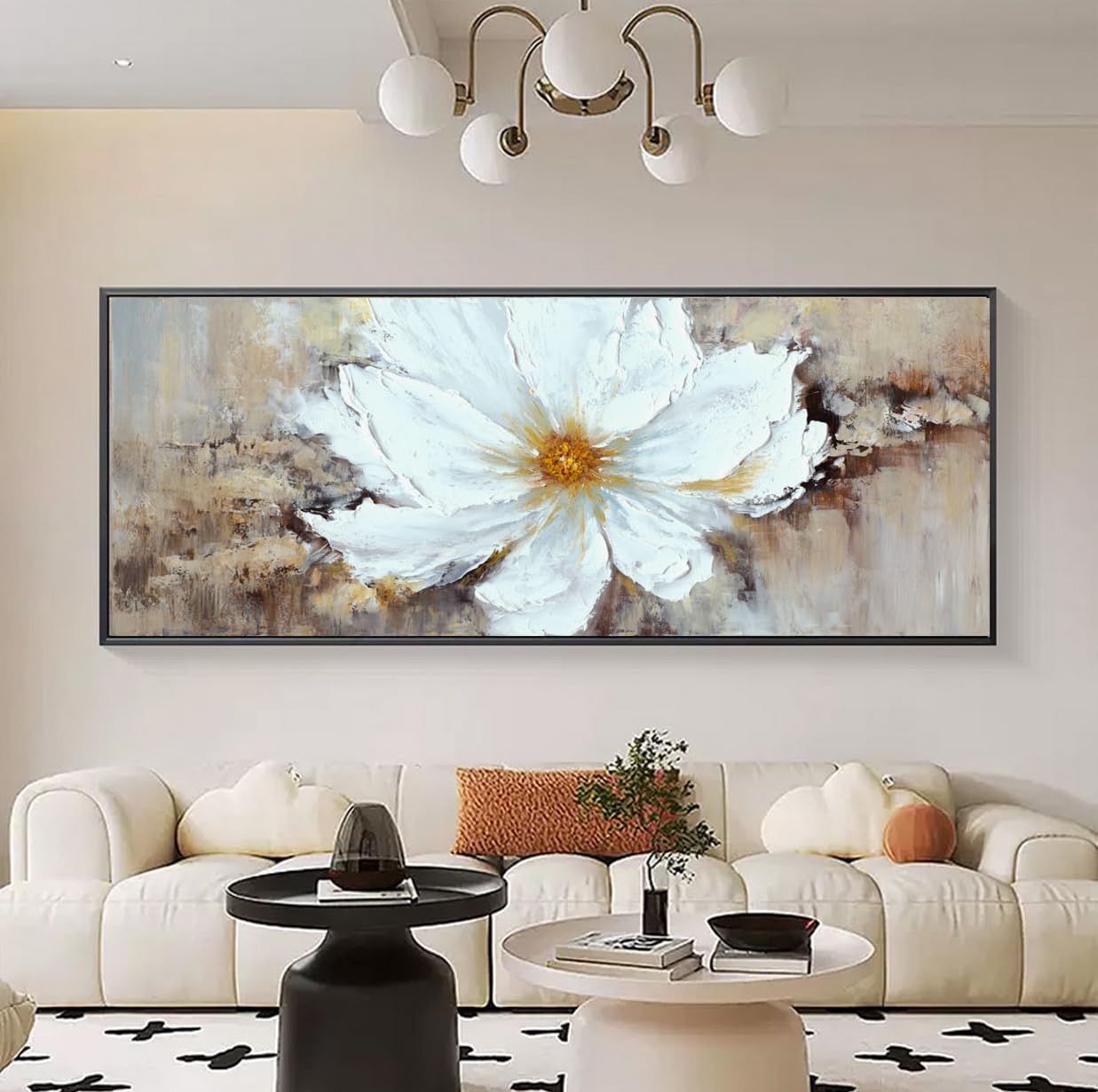 Hand-Painted White Floral Oil Painting on Canvas - Large Framed Wall Art for Bedroom & Living Room Decor - Modern Black Frame Ready to Hang (24x56 inches) - Perfect for Home, Office, and Wedding Venue Decoration