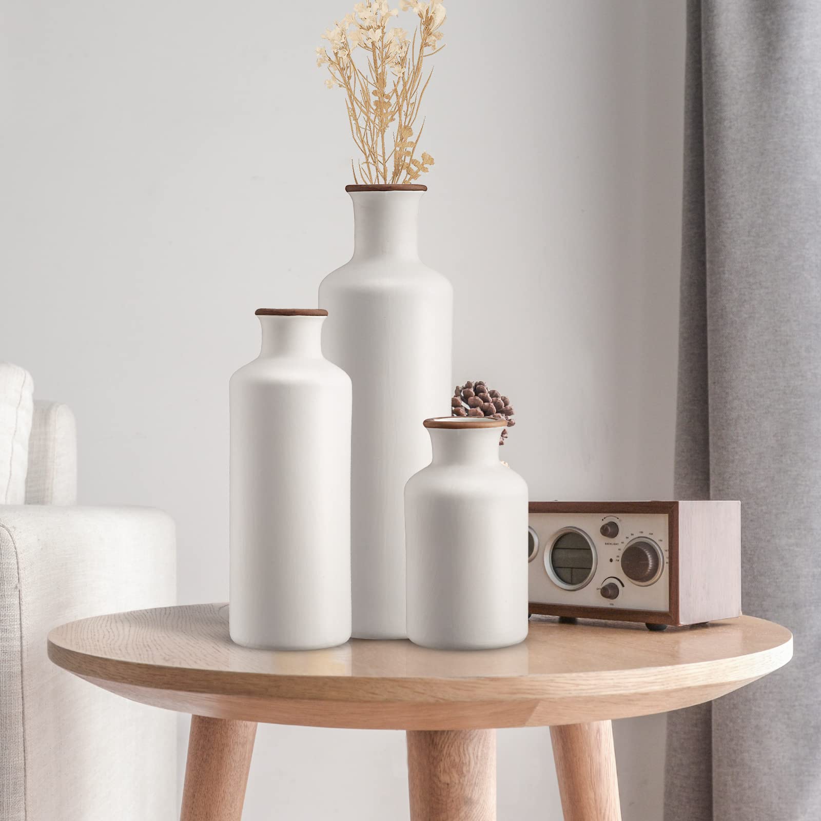 3Pcs Ceramic Vases Set - Rustic Farmhouse Decor for Living Room, Table, Bookshelf & Entryway - White Flower Vases for Home Decor, Wedding Centerpieces & Gifts - Perfect for Modern Interior Design & Housewarming