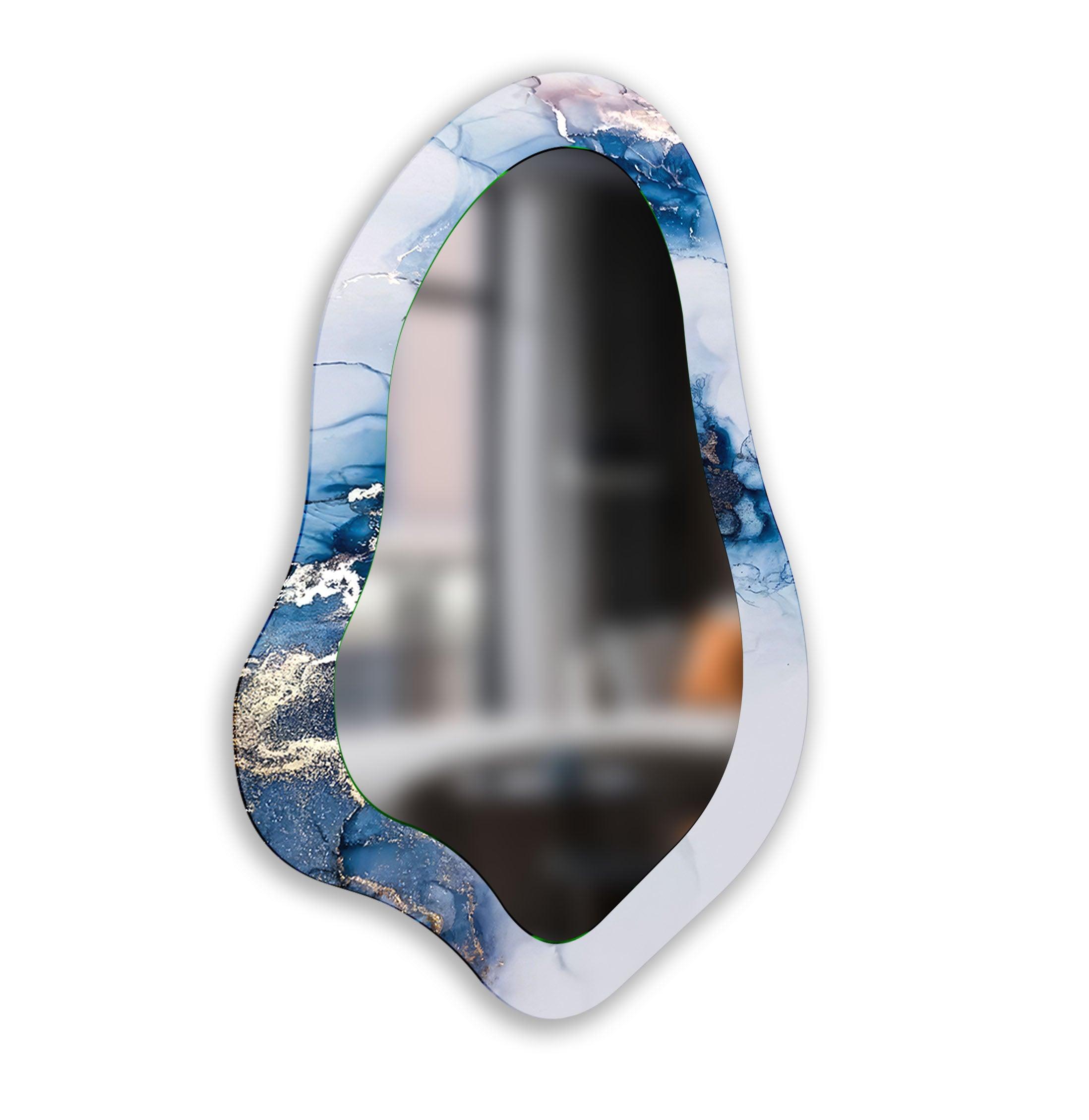 Blue Alcohol Ink Irregular Shaped Wall Mirror - Unique Handmade Decorative Mirror for Living Room, Bedroom, or Bathroom