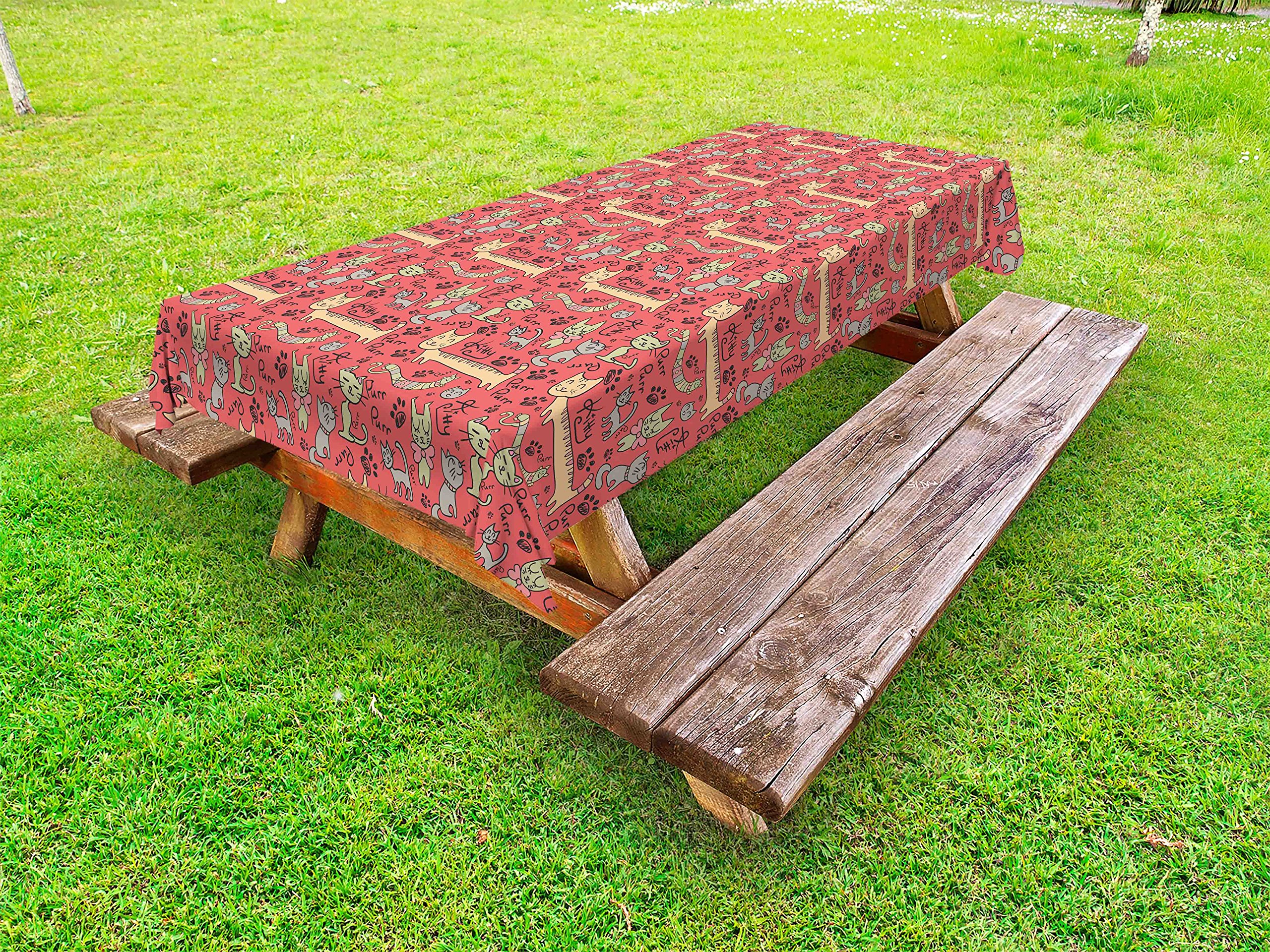 Ambesonne Hand Drawn Cat Design Outdoor Tablecloth - Washable Picnic Table Cover with Kitty Paws & Bow Ties Pattern, 58x104 Inches, Multicolor - Perfect for Garden Parties, BBQs & Outdoor Dining Decorations