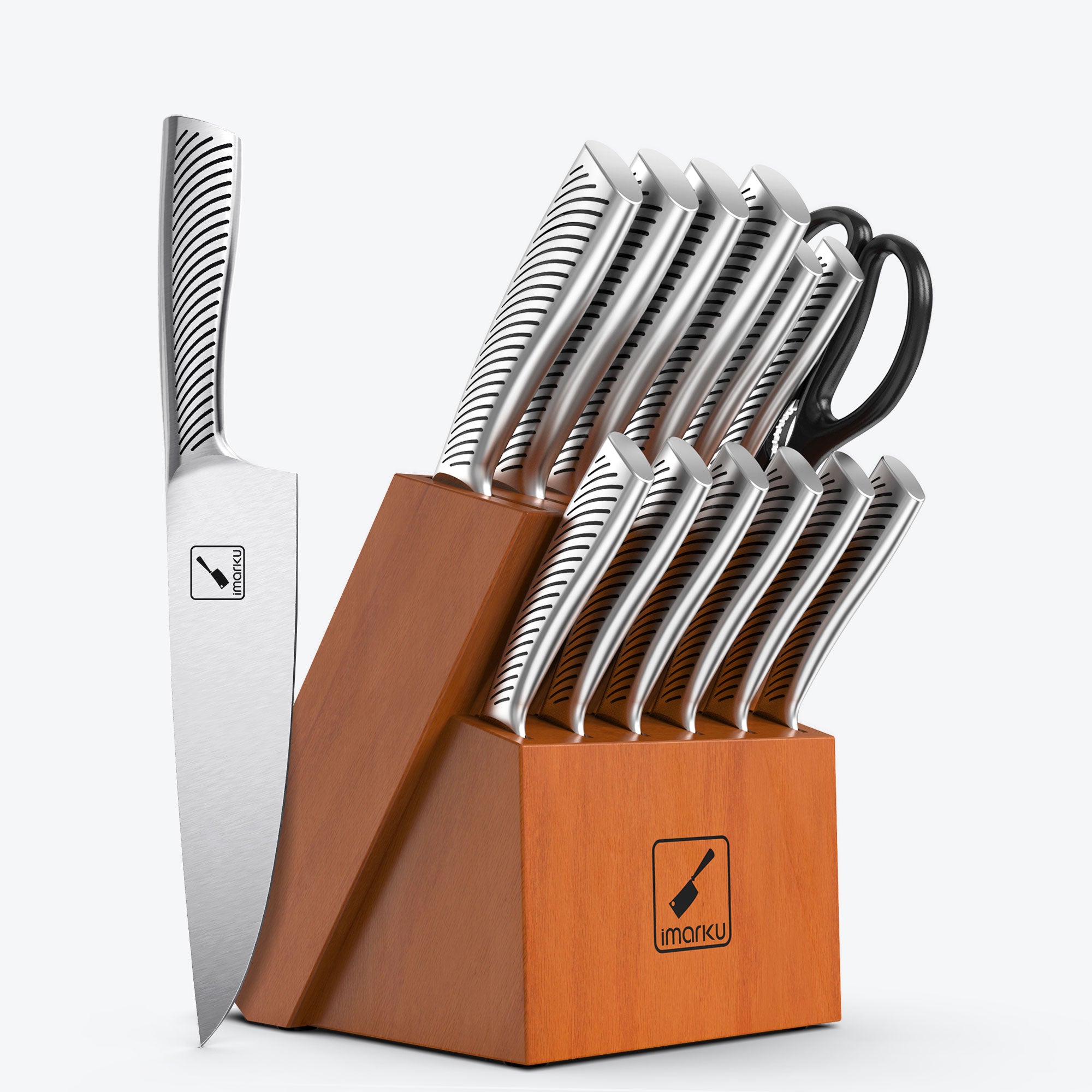 Imarku 14-Piece Orange Knife Block Set with Built-in Sharpener - Premium Kitchen Knives for Slicing, Dicing, and Chopping - Perfect for Home Chefs and Cooking Enthusiasts
