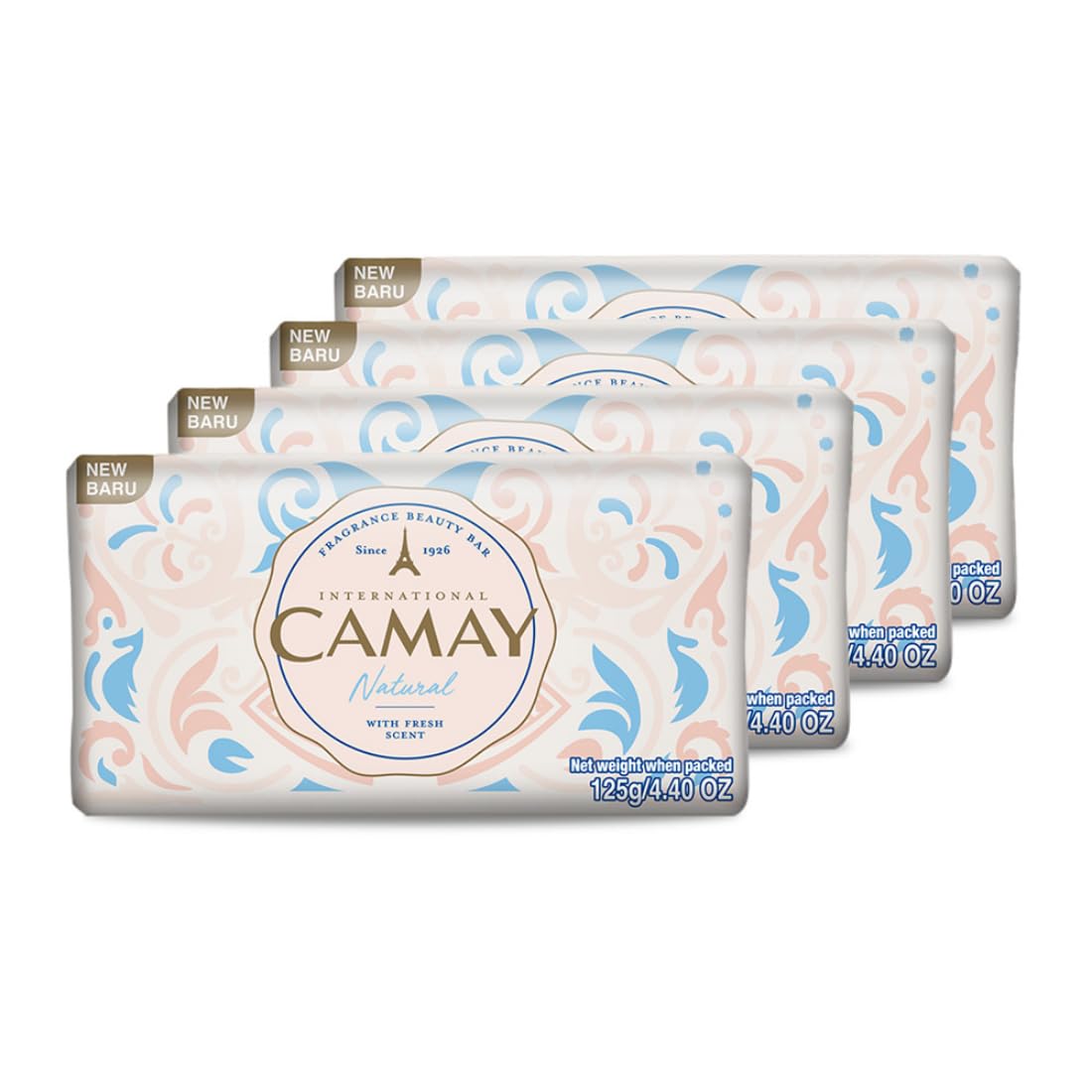 Camay Natural Cedarwood & Bergamot Beauty Soap - Moisturizing Bath Bar with French Fragrance for Daily Skincare, 125g (4-Pack) | Gentle Cleansing for Soft Skin, Perfect for Shower, Bath & Travel