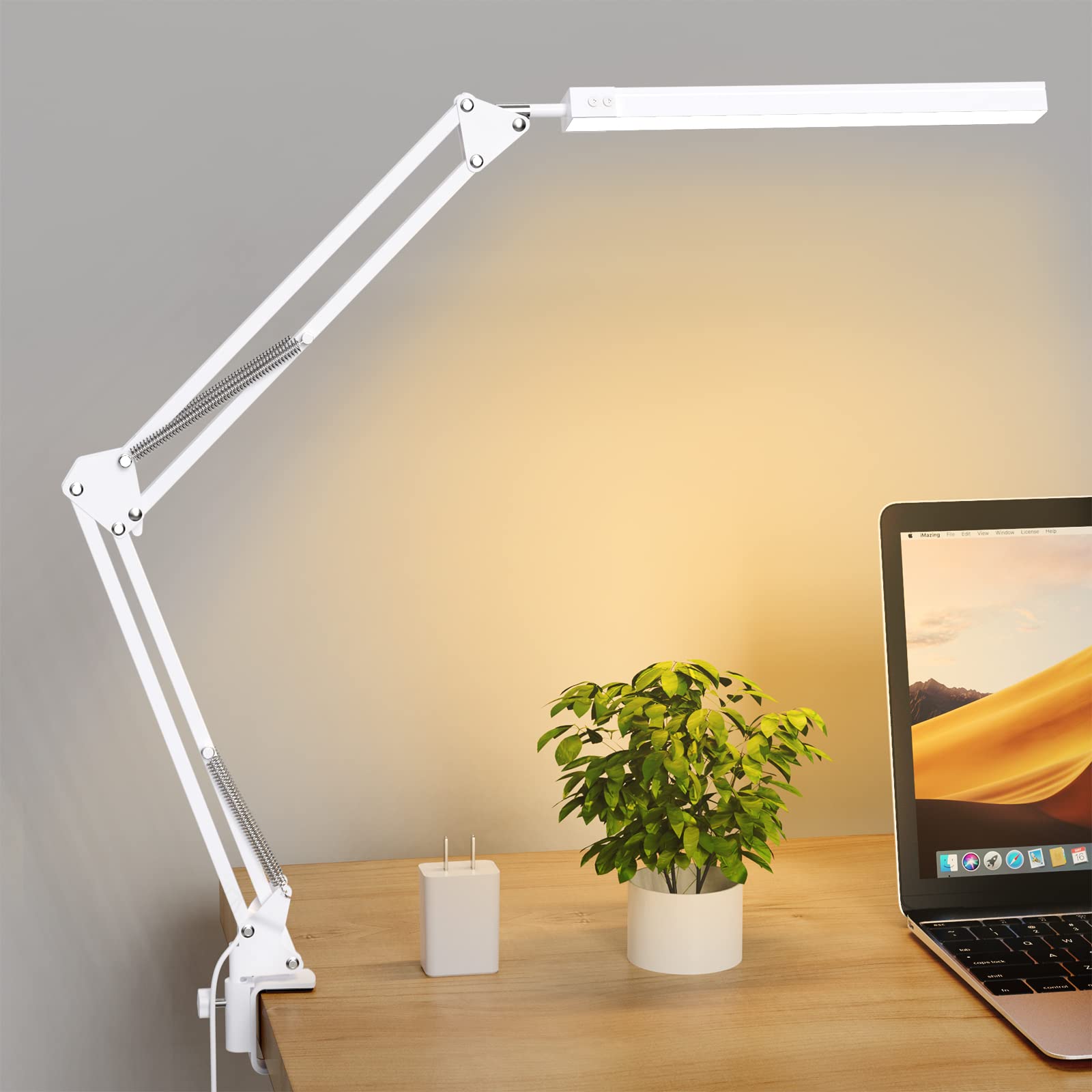 LED Desk Lamp with Clamp - 3 Color Modes & 10 Brightness Levels, Eye-Caring Swing Arm Desk Light for Home Office, 360° Adjustable with USB Power & Memory Function (14W, White) - Perfect for Reading, Studying, and Computer Work