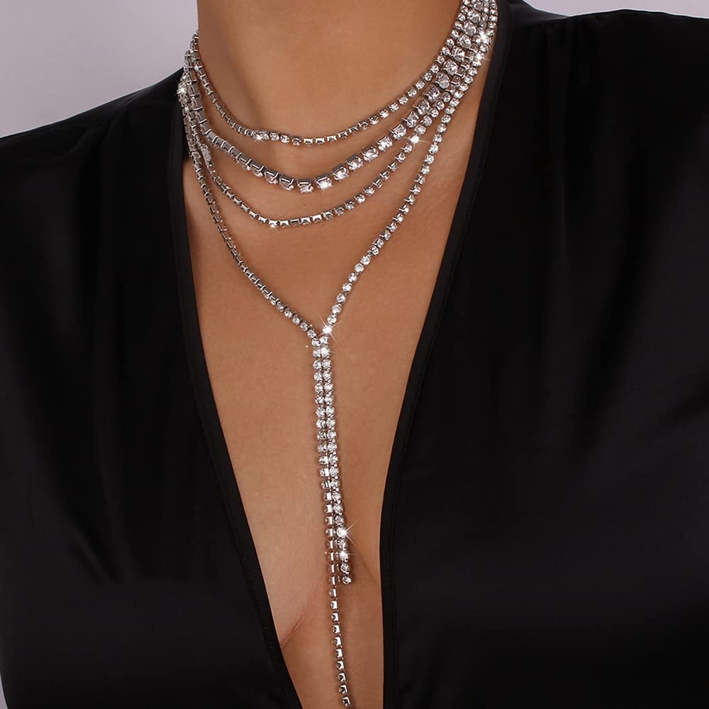 Missgrace 4 Tier Sexy Shiny Layered Y Long Choker Necklaces - Rhinestone Crystal Chain Sparkly Statement Necklace for Women - Perfect for Parties, Weddings, Date Nights & Special Occasions