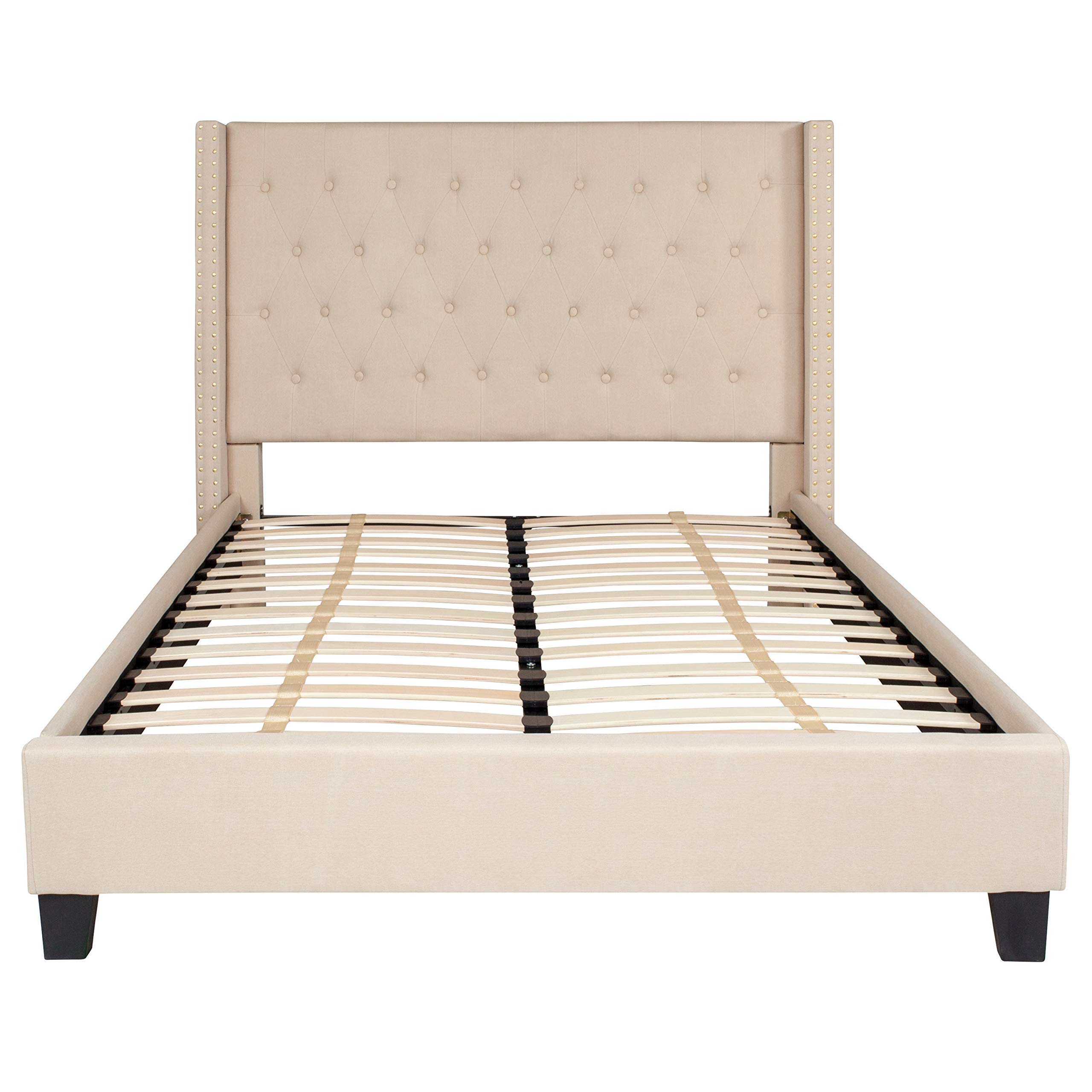Full Accent Extended Panel Platform Bed Frame - Beige Fabric Upholstered Queen Size Bed with Headboard | Modern Bedroom Furniture for Small Spaces & Guest Rooms