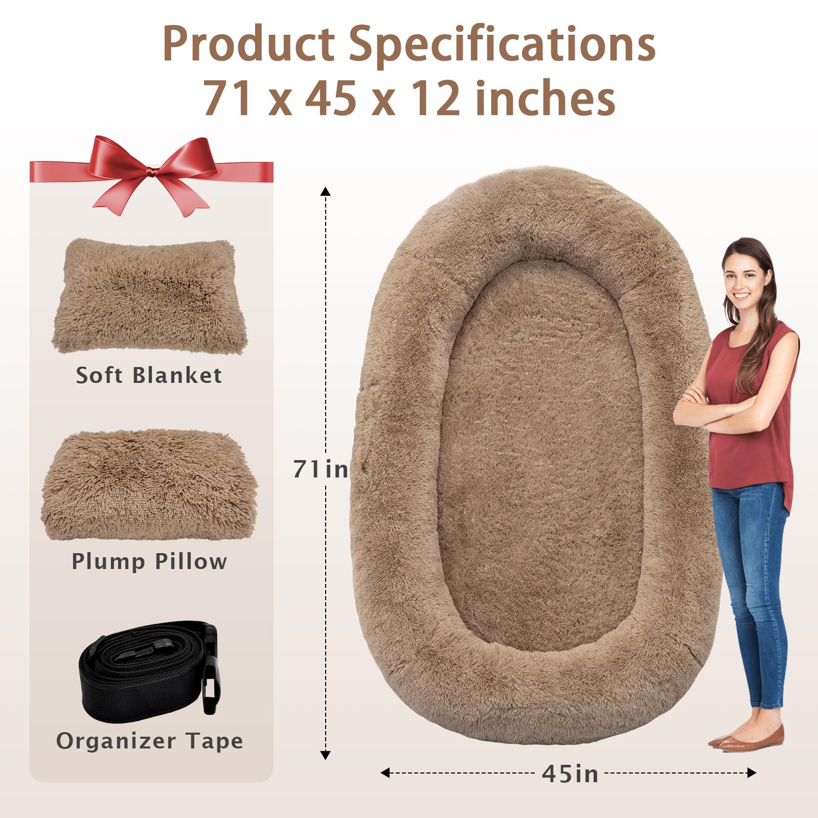 ROOMTEC 71''x45''x12'' Washable Human Dog Bed with 10CM Memory Foam - Oversized Pet Bed for Adults & Dogs | Includes Plush Pillow, Blanket & Strap | Perfect for Living Room, Bedroom & Pet Lounging (Khaki)