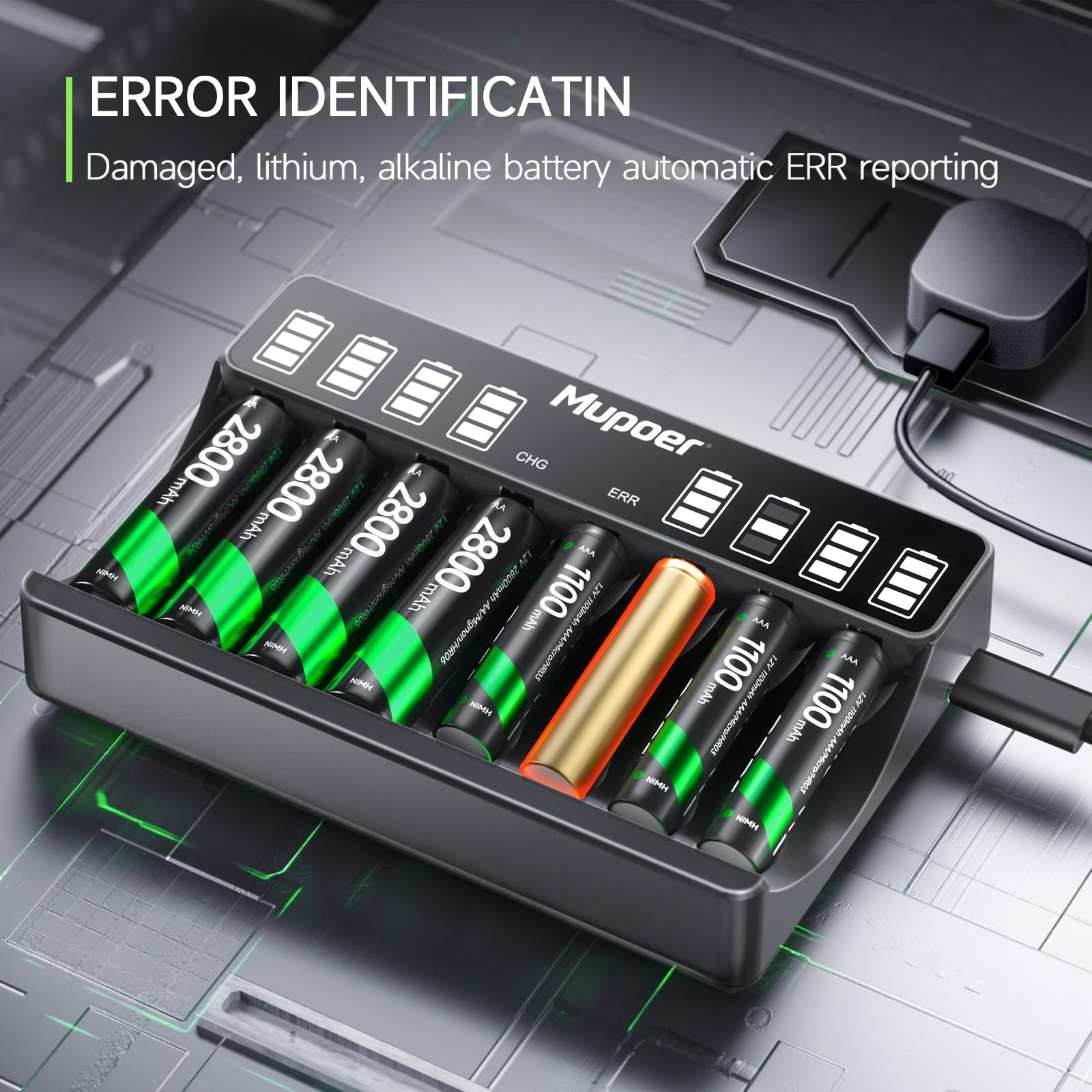 Mupoer 8 Bay AA AAA Battery Charger for Ni-MH Ni-CD Rechargeable Batteries - Fast Charging with LCD Display & Type-C Input - Safe for Home, Office, and Travel Use