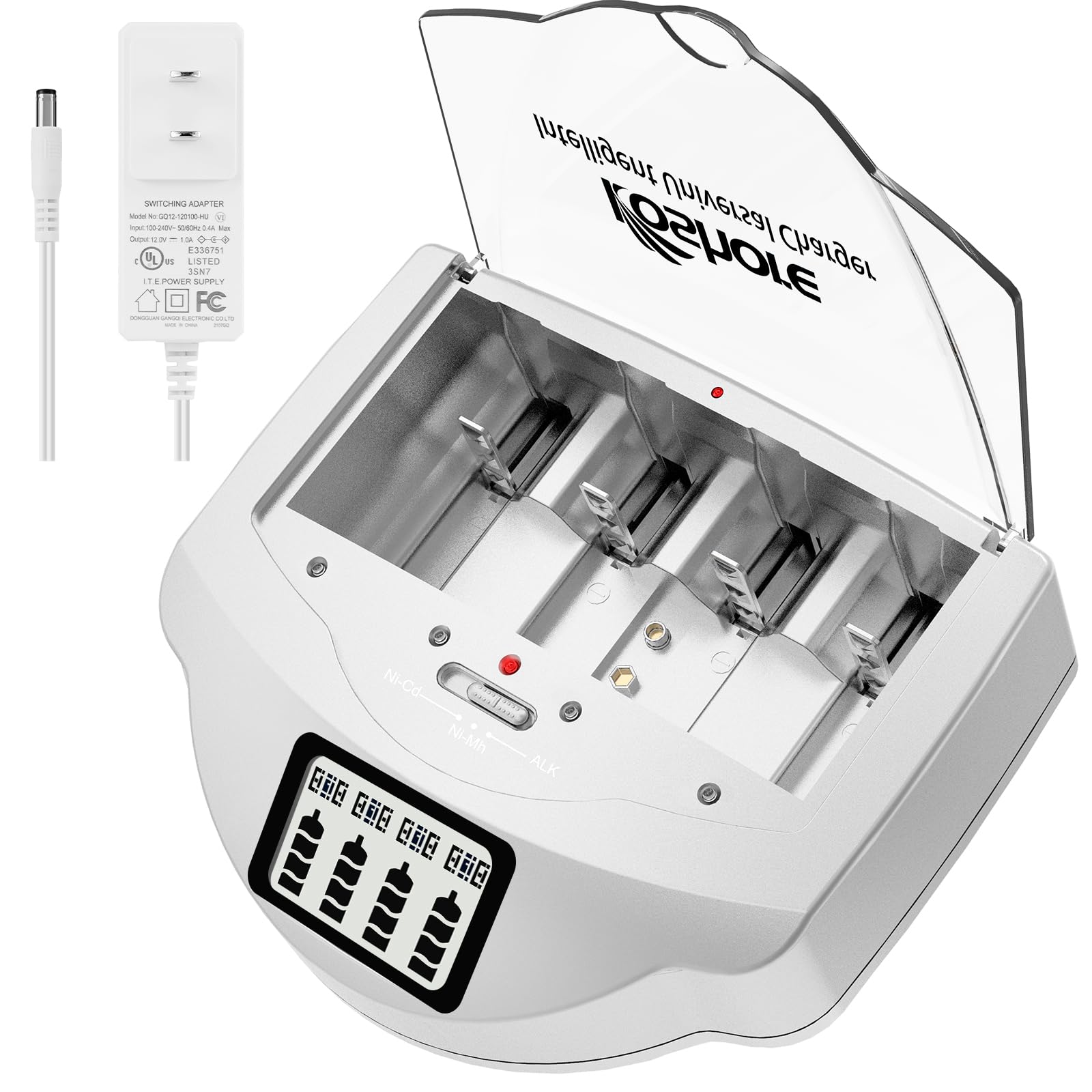 Koshore Alkaline Battery Charger - Balance Charger Discharger for AA AAA C D 9V Ni-MH Ni-CD Rechargeable Batteries | FCC & UL Certified | Perfect for Home, Office & Emergency Power Backup