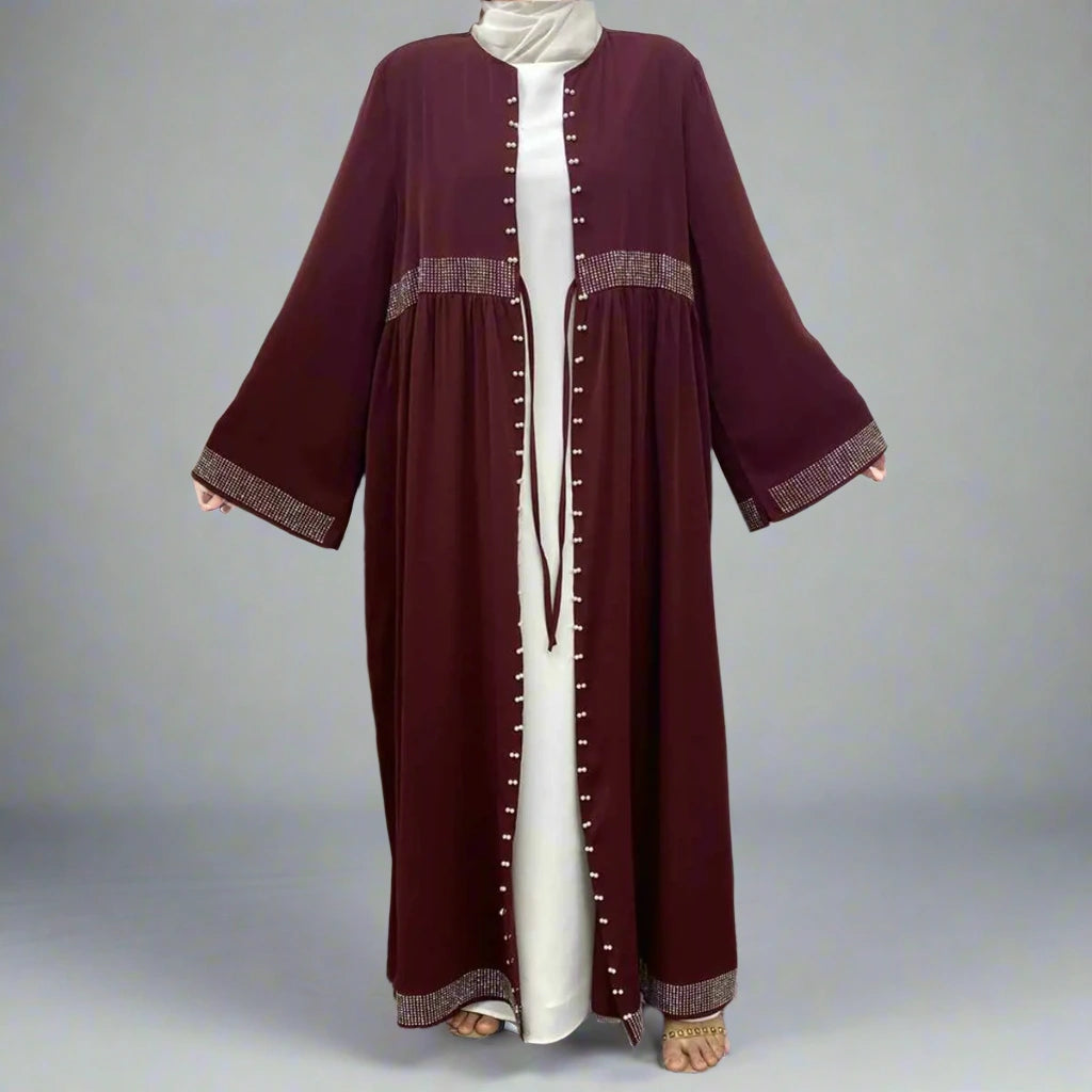Hotfix Rhinestone Beaded Muslim Women's Cardigan Open Abaya Dress - Elegant Islamic Prayer Wear for Special Occasions & Daily Use