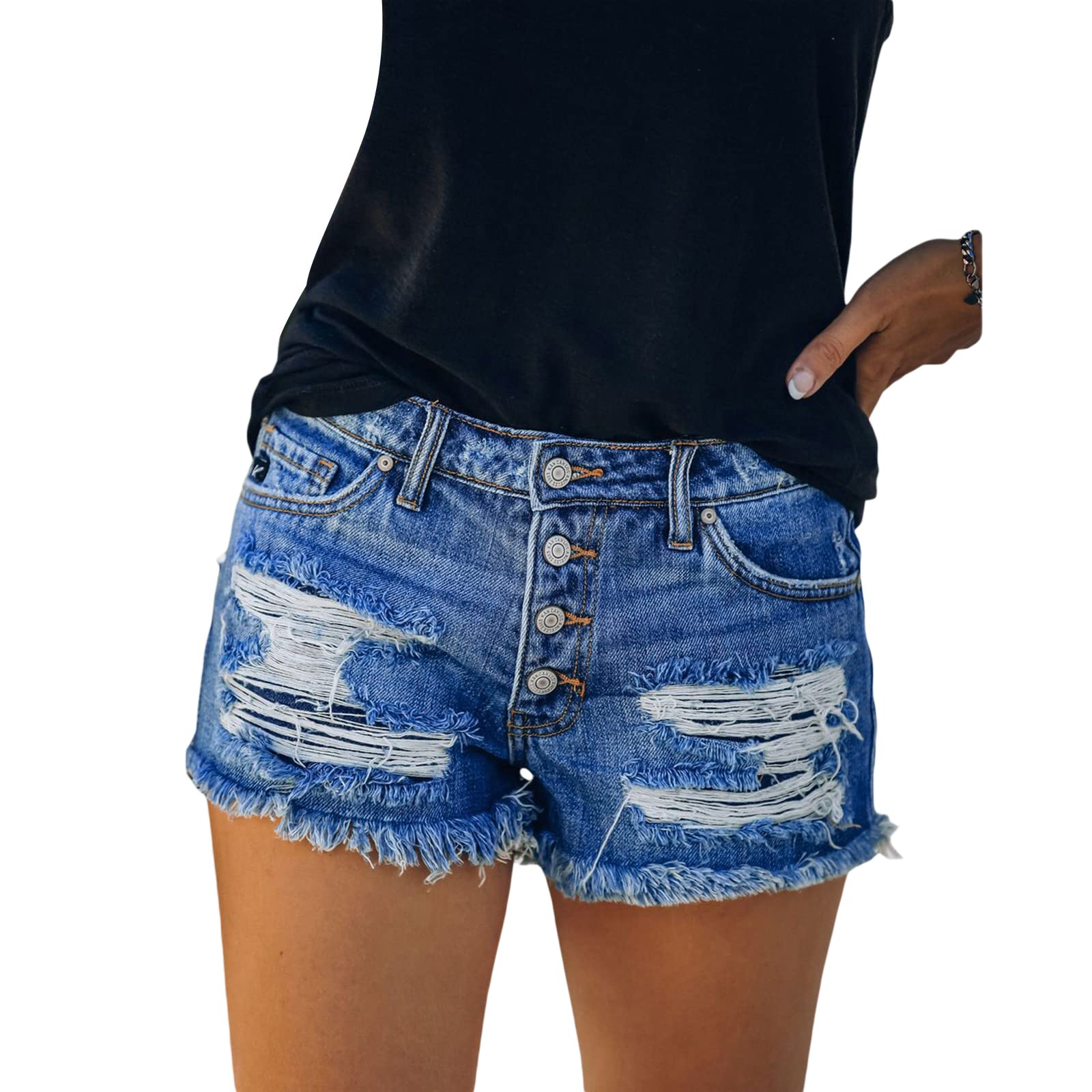4th of July Women's Low-Rise American Flag Print Distressed Denim Shorts - Casual Ripped Raw Hem Jean Shorts for Summer BBQ, Beach Parties & Patriotic Celebrations