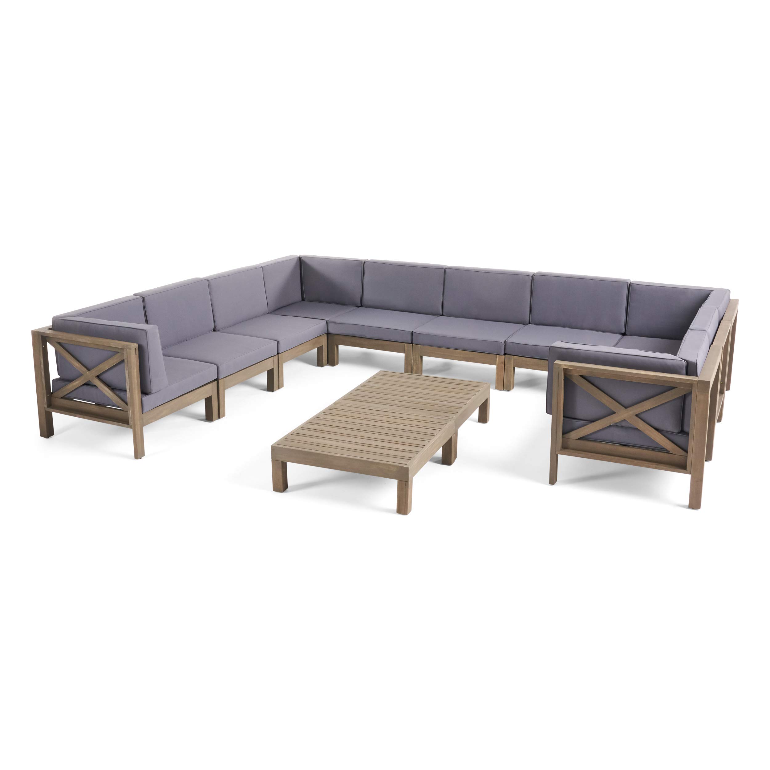 Premium Cytheria 10-Seater U-Shaped Outdoor Sectional Sofa Set with 2 Coffee Tables - Acacia Wood Furniture in Gray & Dark Gray - Perfect for Patio, Garden, Poolside & Backyard Relaxation