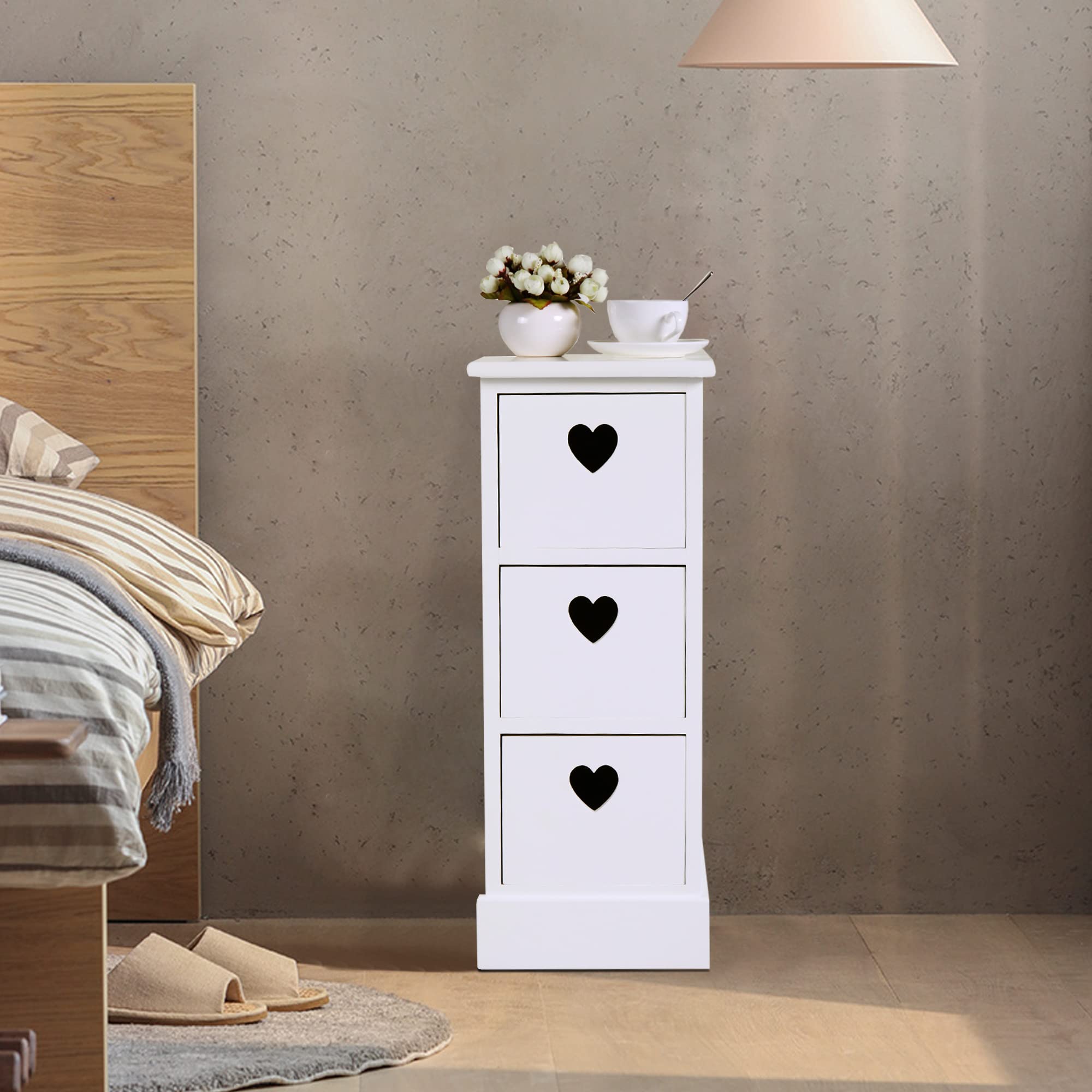 Modern Wood Nightstand with 3 Drawers - White Heart-Shaped Cut-Out Bedside Table, File Organizer for Bedroom, Living Room & Office - Perfect for Storage & Home Decor