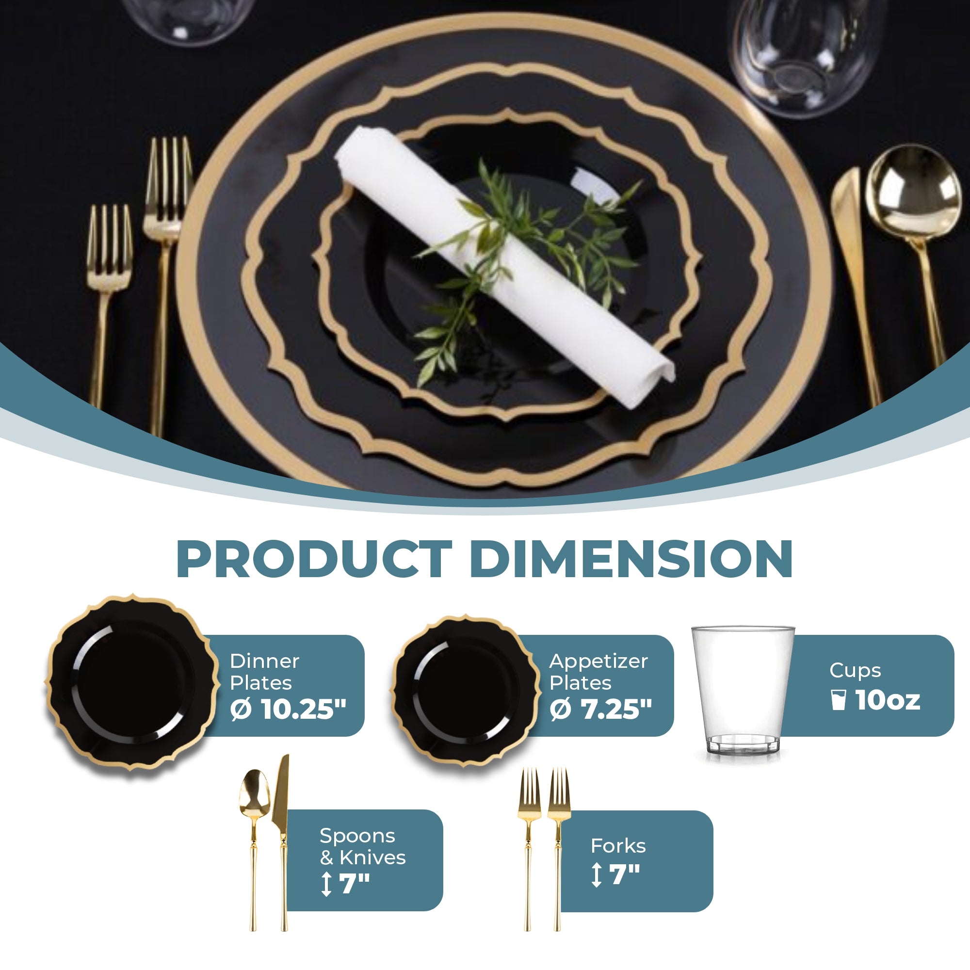 Black and Gold Plastic Party Bundle - Elegant Contemporary Party Supplies for Birthdays, Weddings & Celebrations - Perfect for Decorations, Tableware & Themed Events