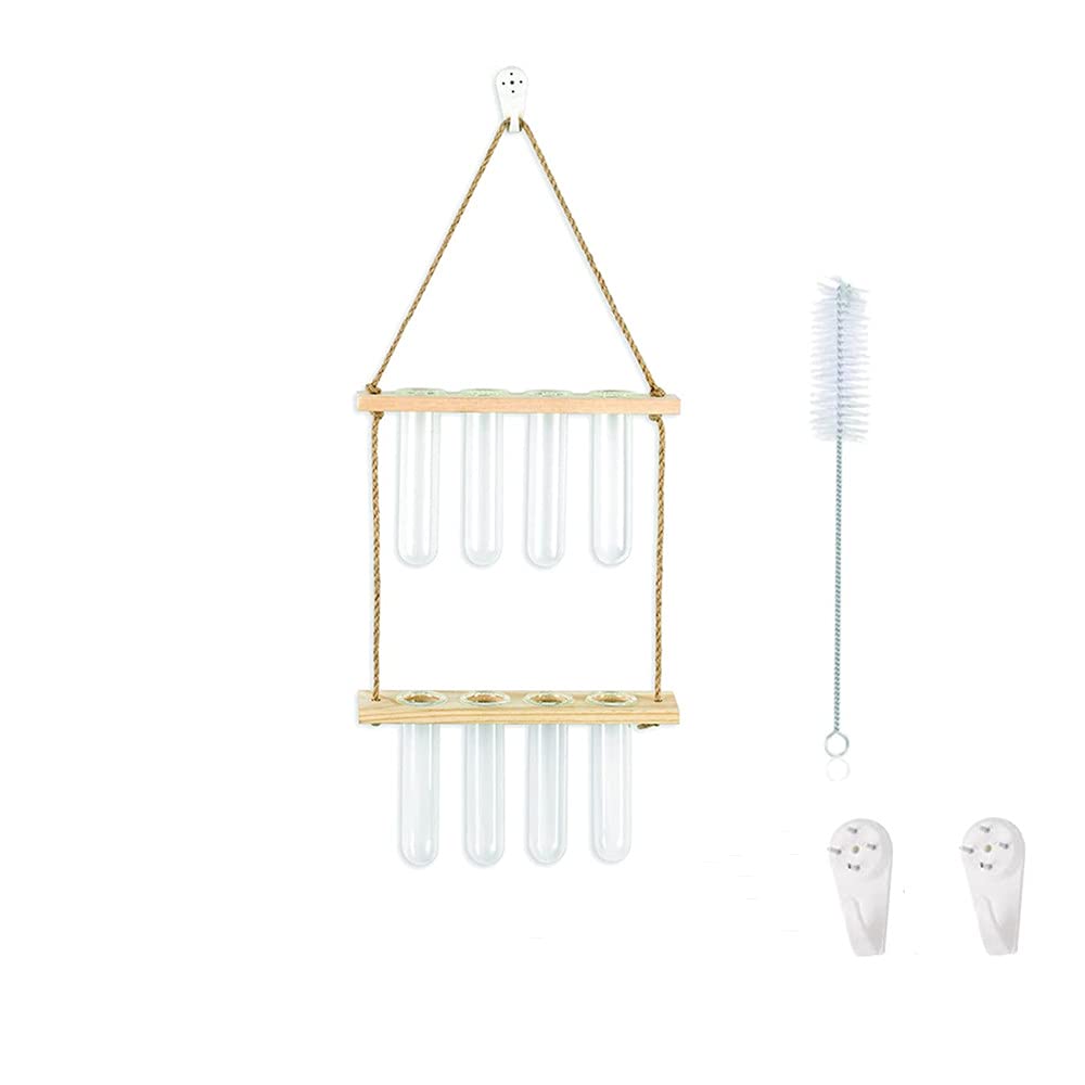 2 Tiered Wall Hanging Glass Planter Set - 8 Pcs Mini Test Tube Terrarium with Wooden Stand for Hydroponic Plants, Flower Propagation - Perfect for Home, Office, Garden & Patio Decor | Indoor Vertical Gardening Solution