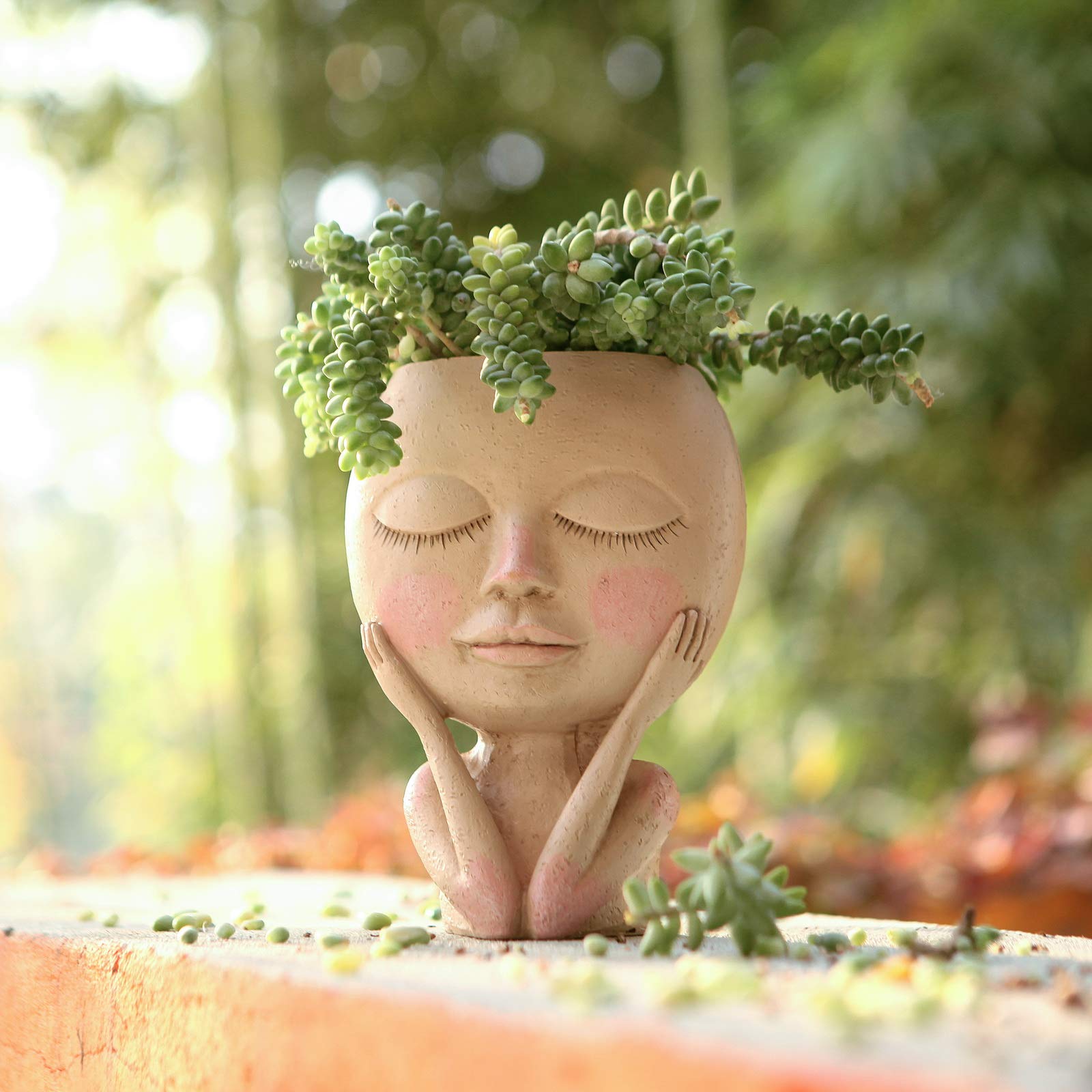 AIMMEBY Cute Resin Face Flower Pot Head Planter with Drainage Hole - Succulent & Cactus Planter for Home Decor, Office Desk, or Garden (Closed Eyes Design, Lightweight)