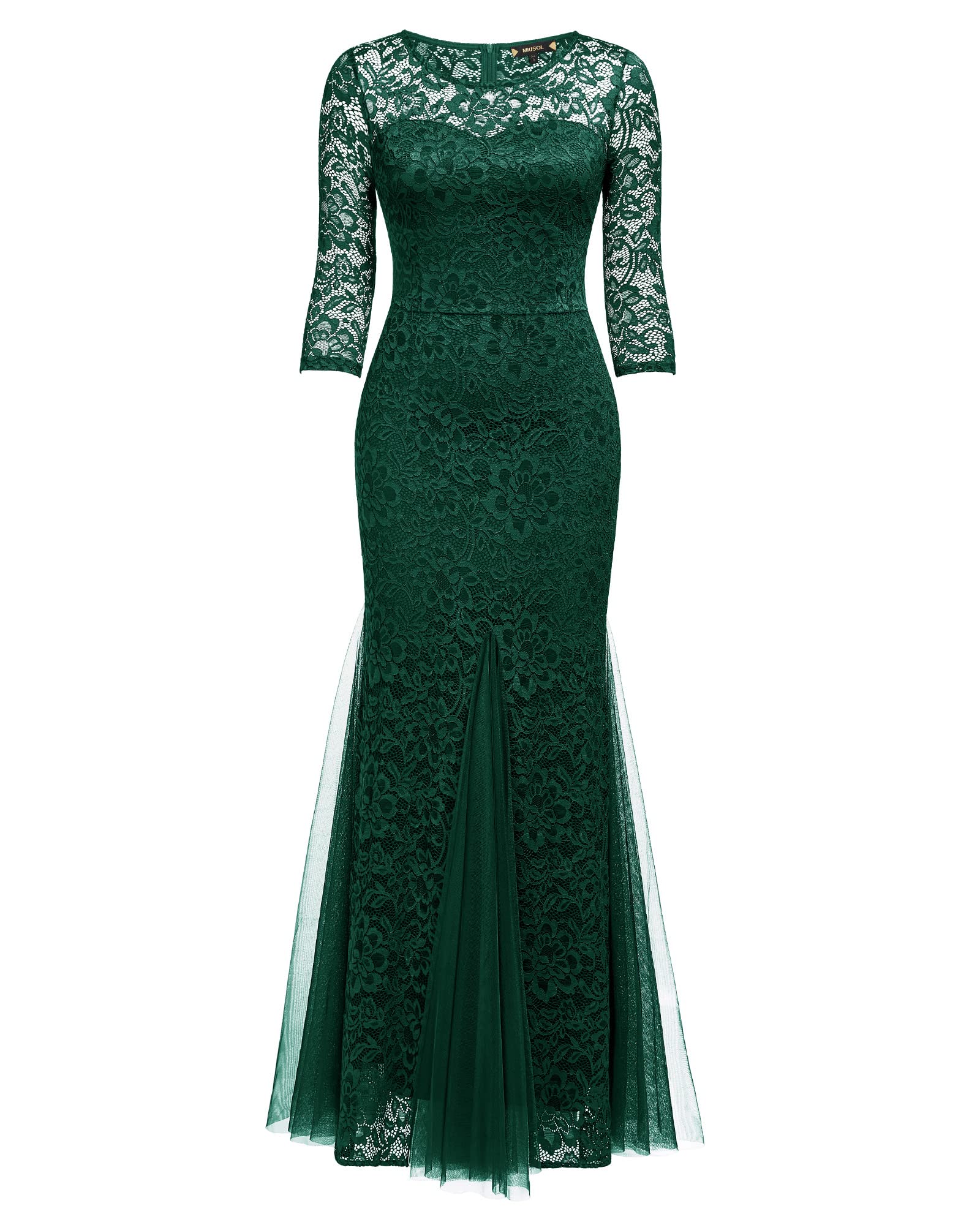 Elegant Floral Lace Mermaid Evening Gown for Women - Formal 2/3 Sleeve Maxi Dress for Prom, Wedding & Special Occasions