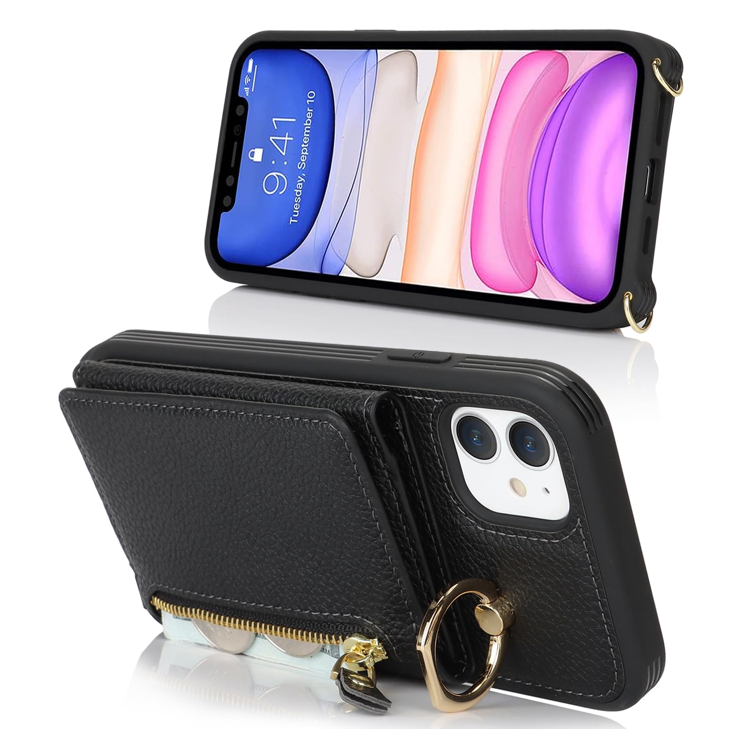 Premium Leather iPhone 11 Case with Card Holder & Crossbody Strap - Wallet Phone Case with Zipper Pocket, Stand Ring & Lanyard for Women (Black) | Perfect for Travel, Shopping & Everyday Protection
