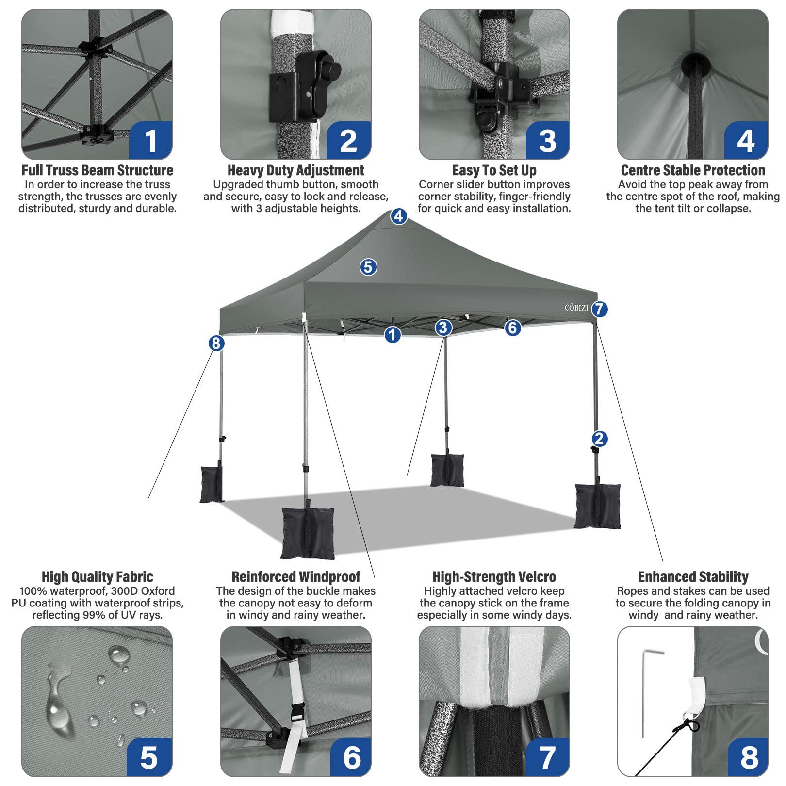 COBIZI 10x10 Pop Up Canopy Tent with 4 Sidewalls - Heavy Duty Commercial Canopy, UPF 50+ Waterproof & Windproof for Outdoor Events, Weddings, Parties, Camping, and Beach - Includes Roller Bag (Grey)